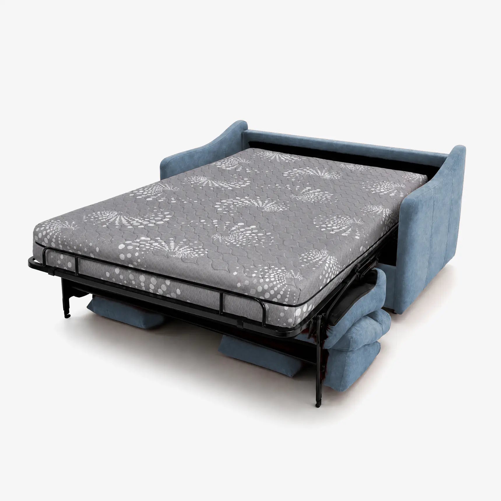 Il divano letto a 3 posti Lodovico di Divani.Store, realizzato in tessuto blu Oeko-Tex antimacchia, è raffigurato aperto con un materasso da 140x195 cm e alto 20 cm, rivestito da una fodera grigia a motivi floreali, struttura in metallo nero con braccioli ricurvi e portaguanciali su sfondo bianco.