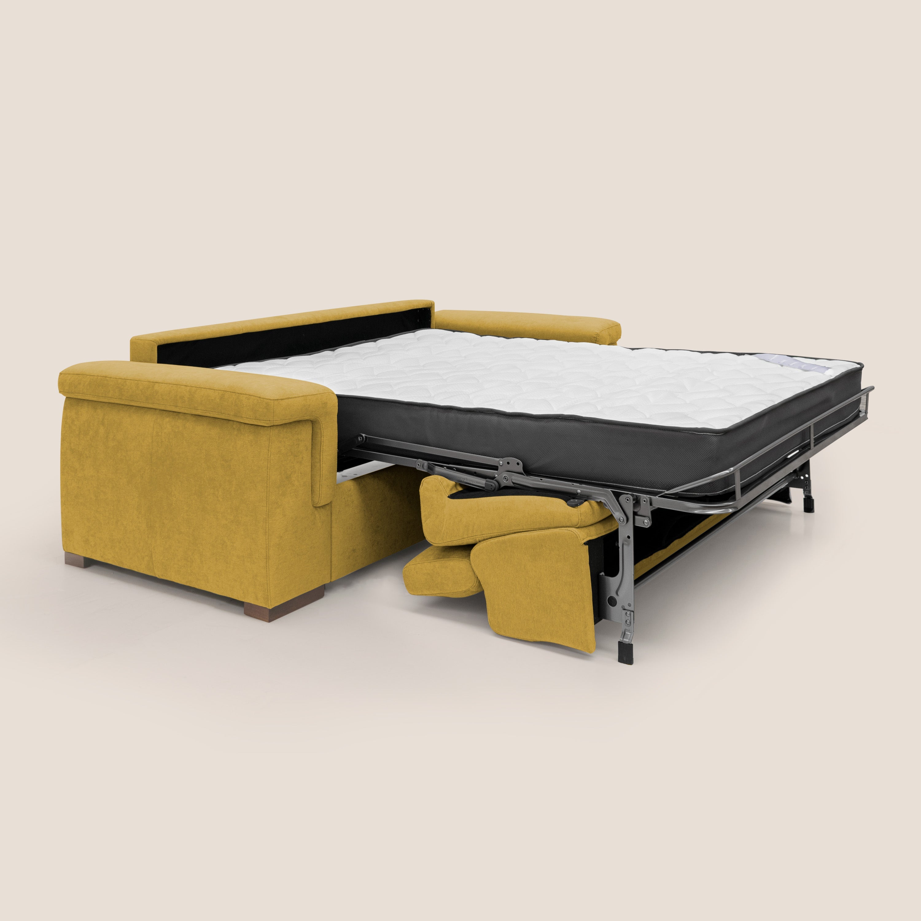 Giunone divano letto con materasso alto 18 cm e poggiatesta reclinabili in tessuto impermeabile T02 giallo - divani.store