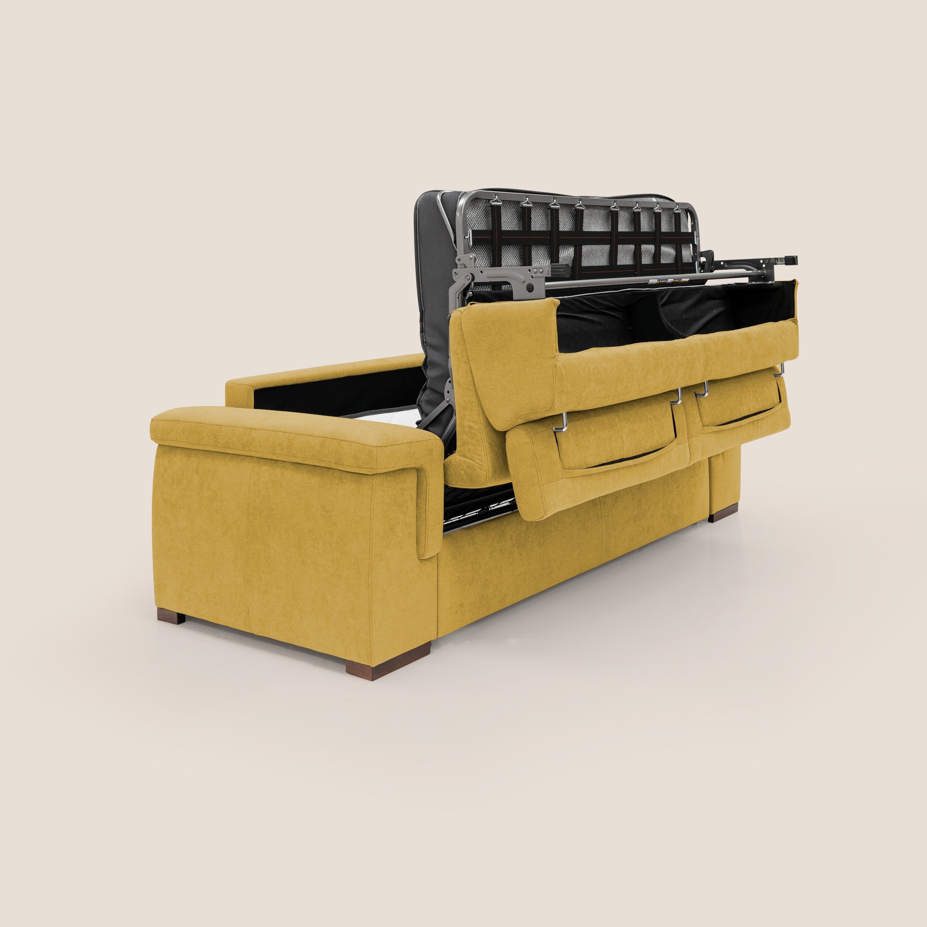 Giunone divano letto con materasso alto 18 cm e poggiatesta reclinabili in tessuto impermeabile T02 giallo - divani.store