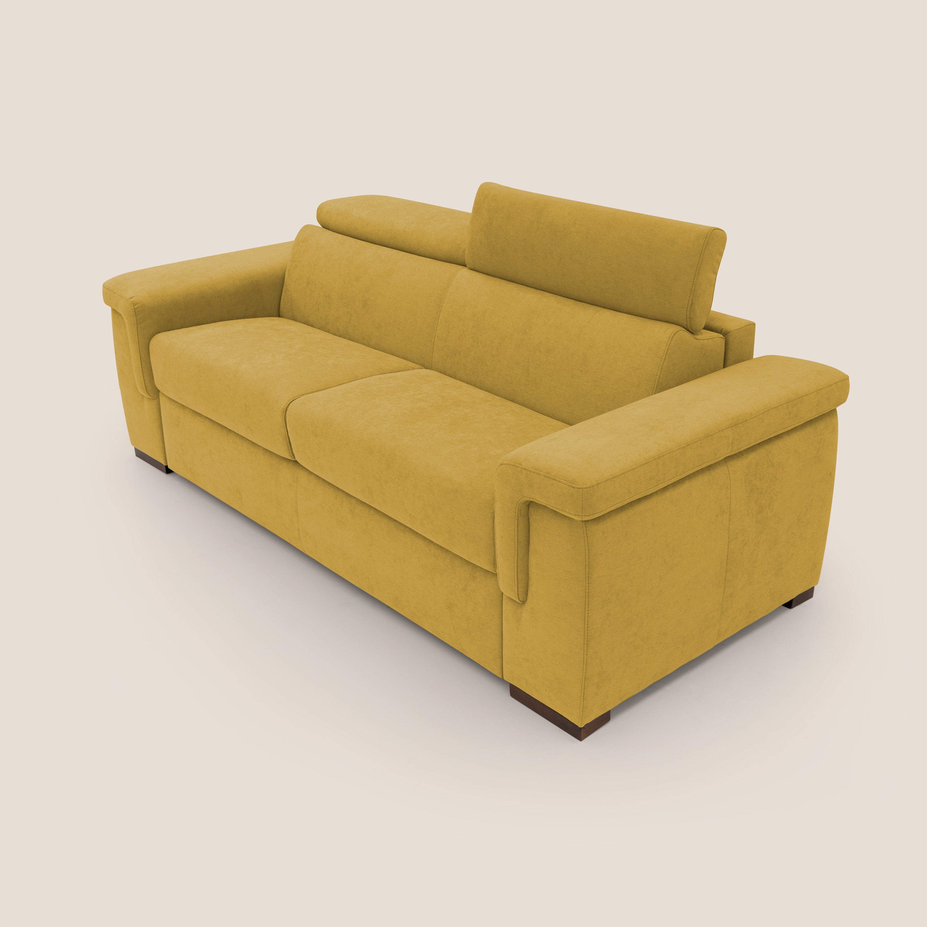 Giunone divano letto con materasso alto 18 cm e poggiatesta reclinabili in tessuto impermeabile T02 giallo - divani.store