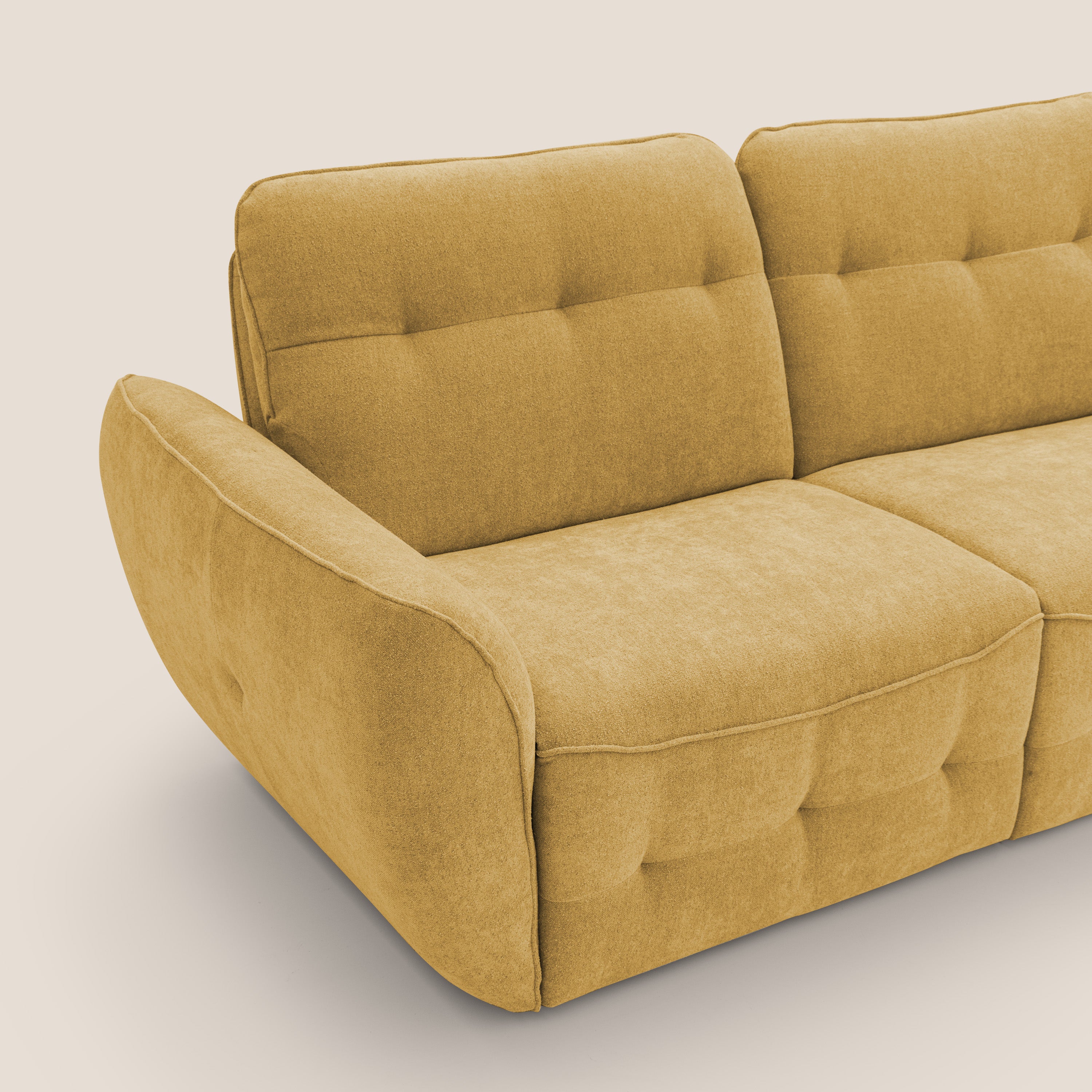 Cerbero divano angolare con pouf mobile in morbido bouclé impermeabile T07 giallo - divani.store