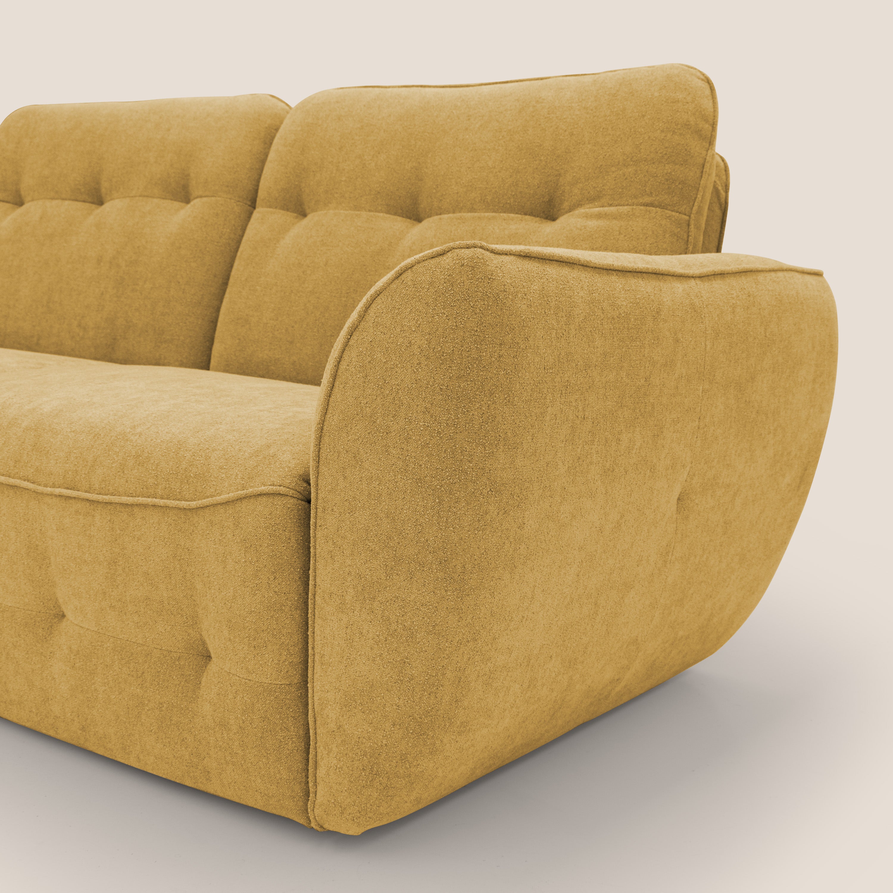 Cerbero divano angolare con pouf mobile in morbido bouclé impermeabile T07 giallo - divani.store