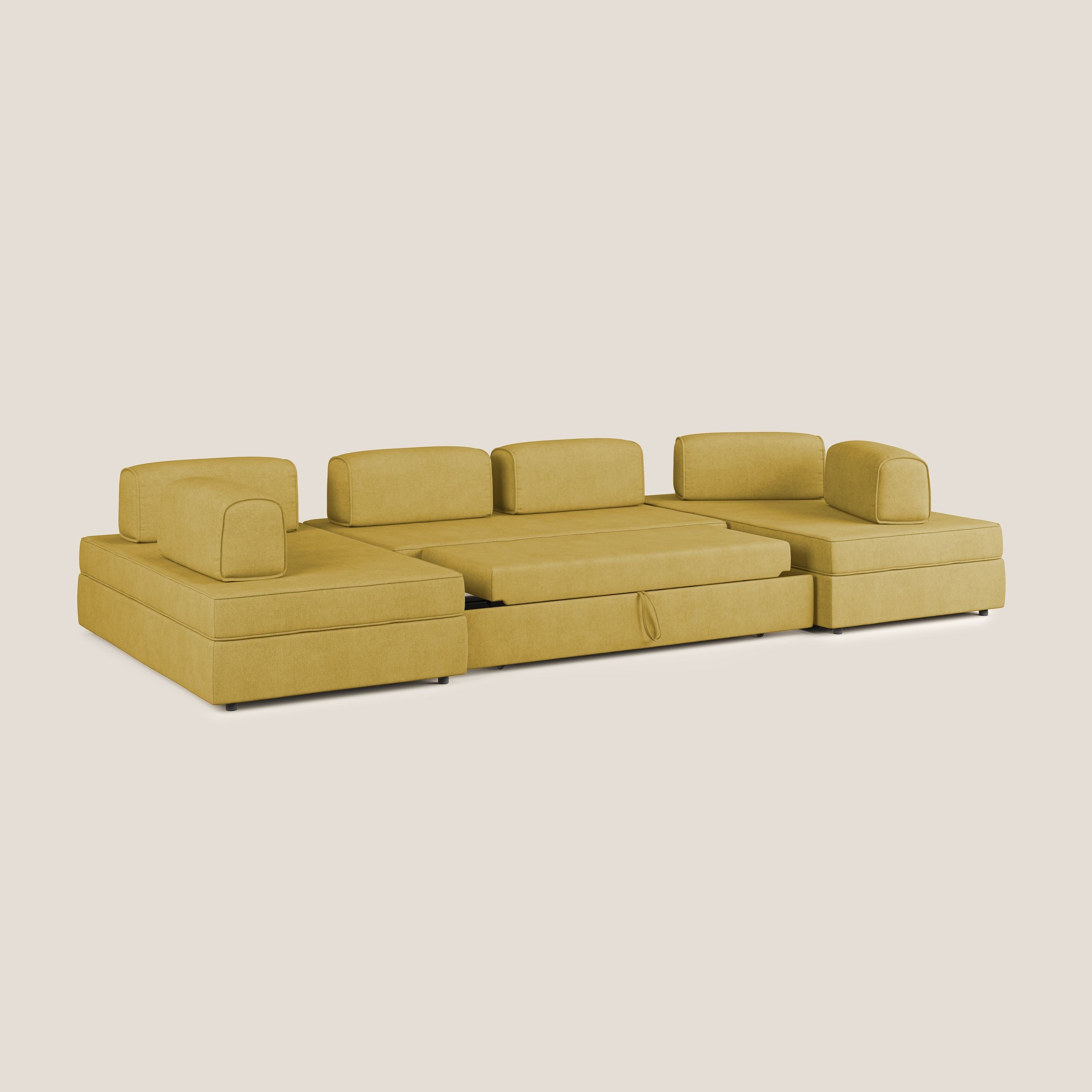 Liberty divano panoramico con pouf estraibile e schienali movibili in tessuto morbido impermeabile T02 giallo - divani.store