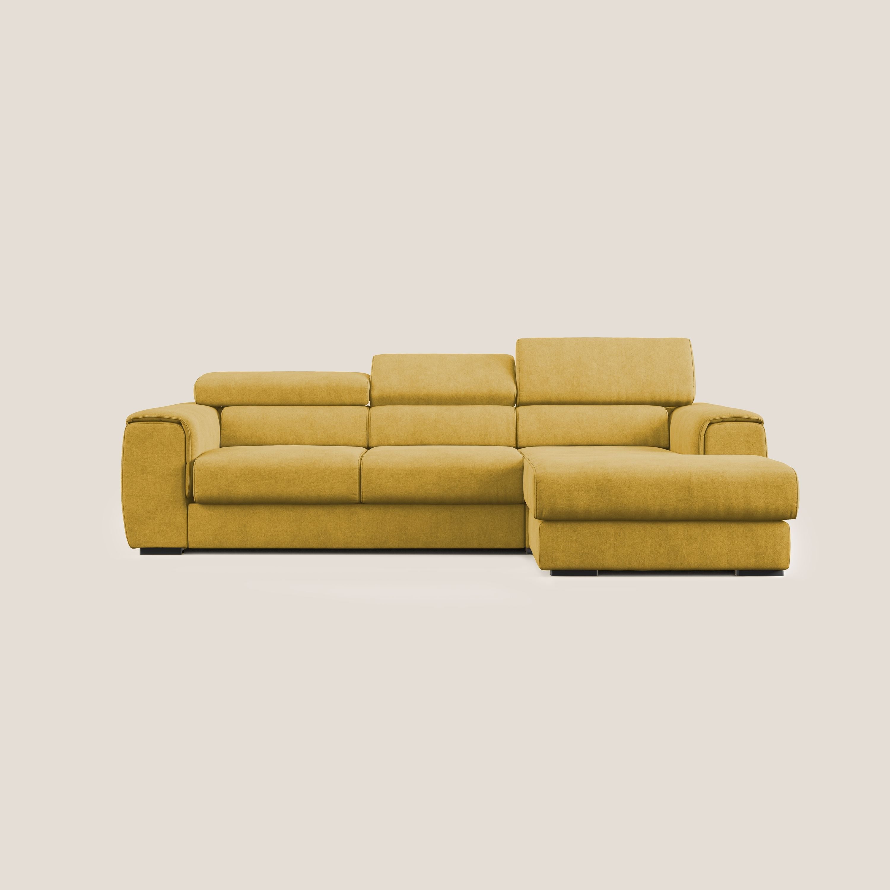 Zeno Divano angolare con pouf estraibile poggiapiedi in tessuto morbido impermeabile T02 giallo - divani.store