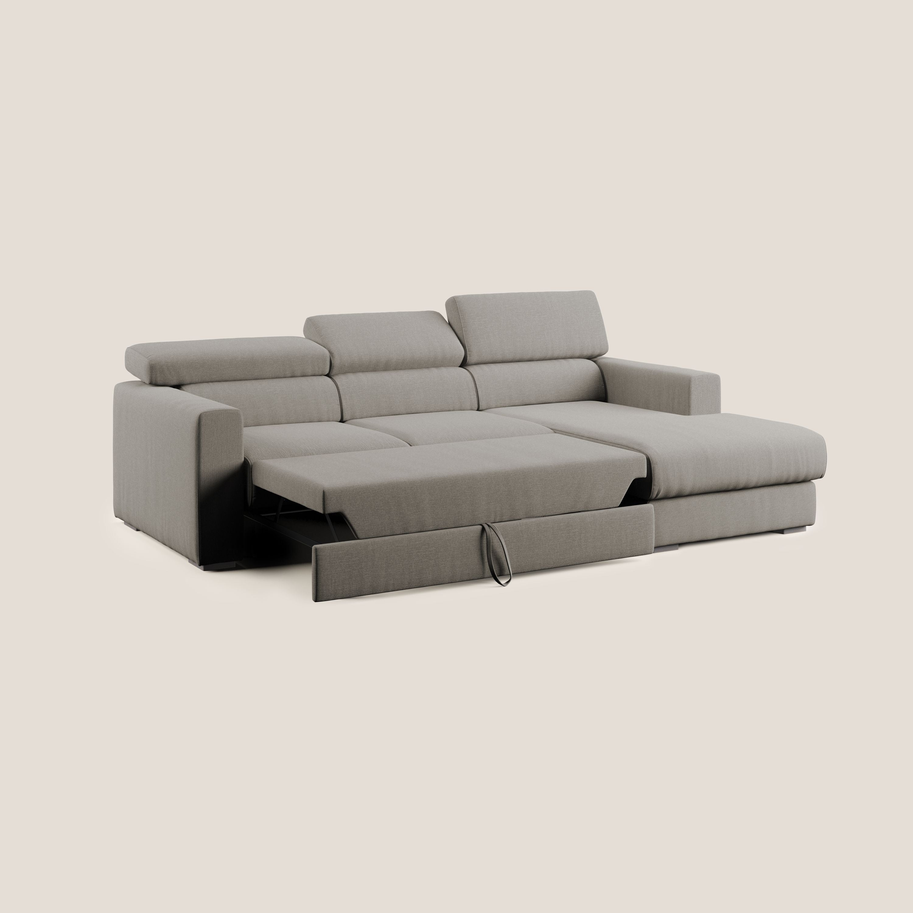Dylan divano angolare con pouf estraibile poggiapiedi in tessuto simil cotone impermeabile T13 tortora - divani.store