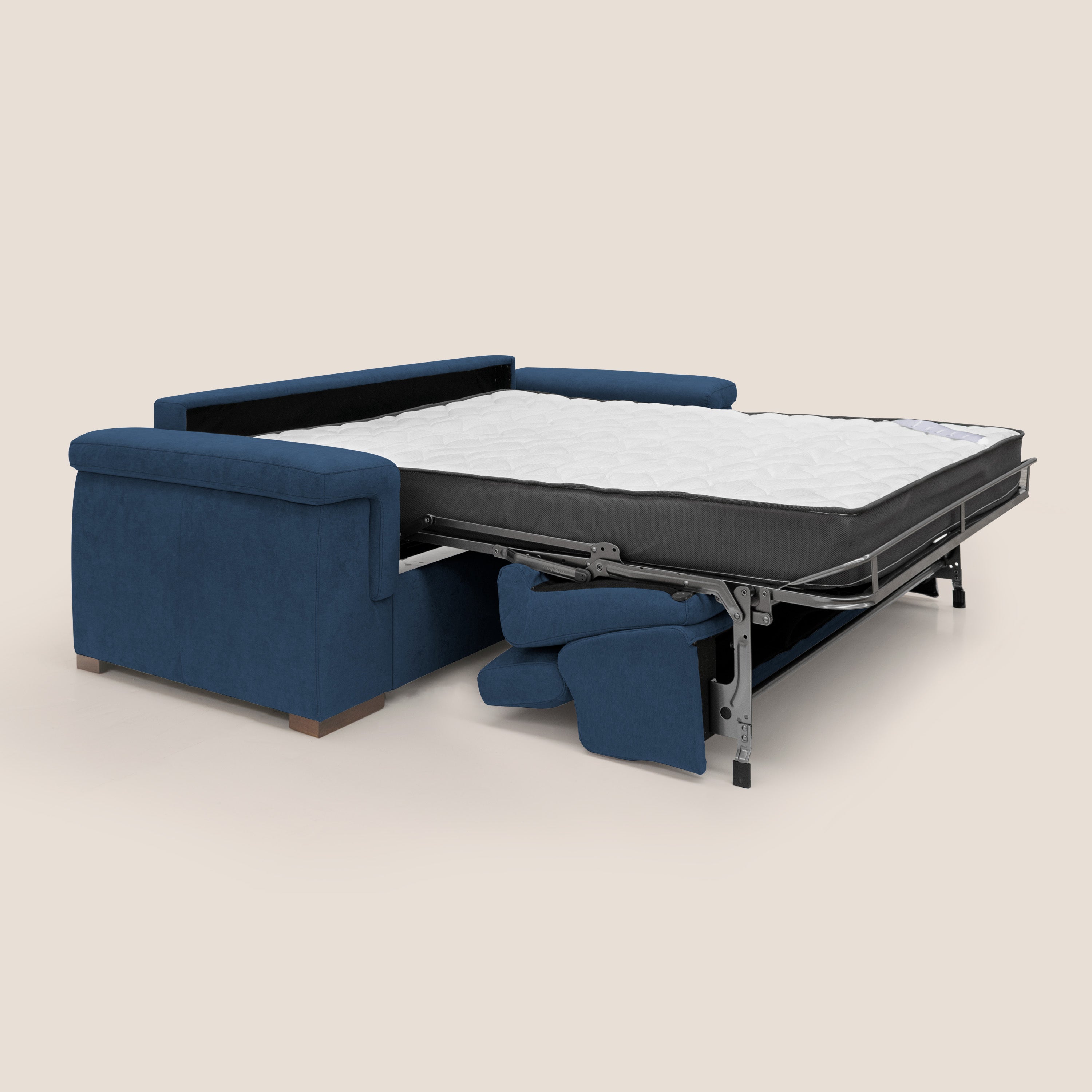 Giunone divano letto con materasso alto 18 cm e poggiatesta reclinabili in tessuto impermeabile T02 blu - divani.store