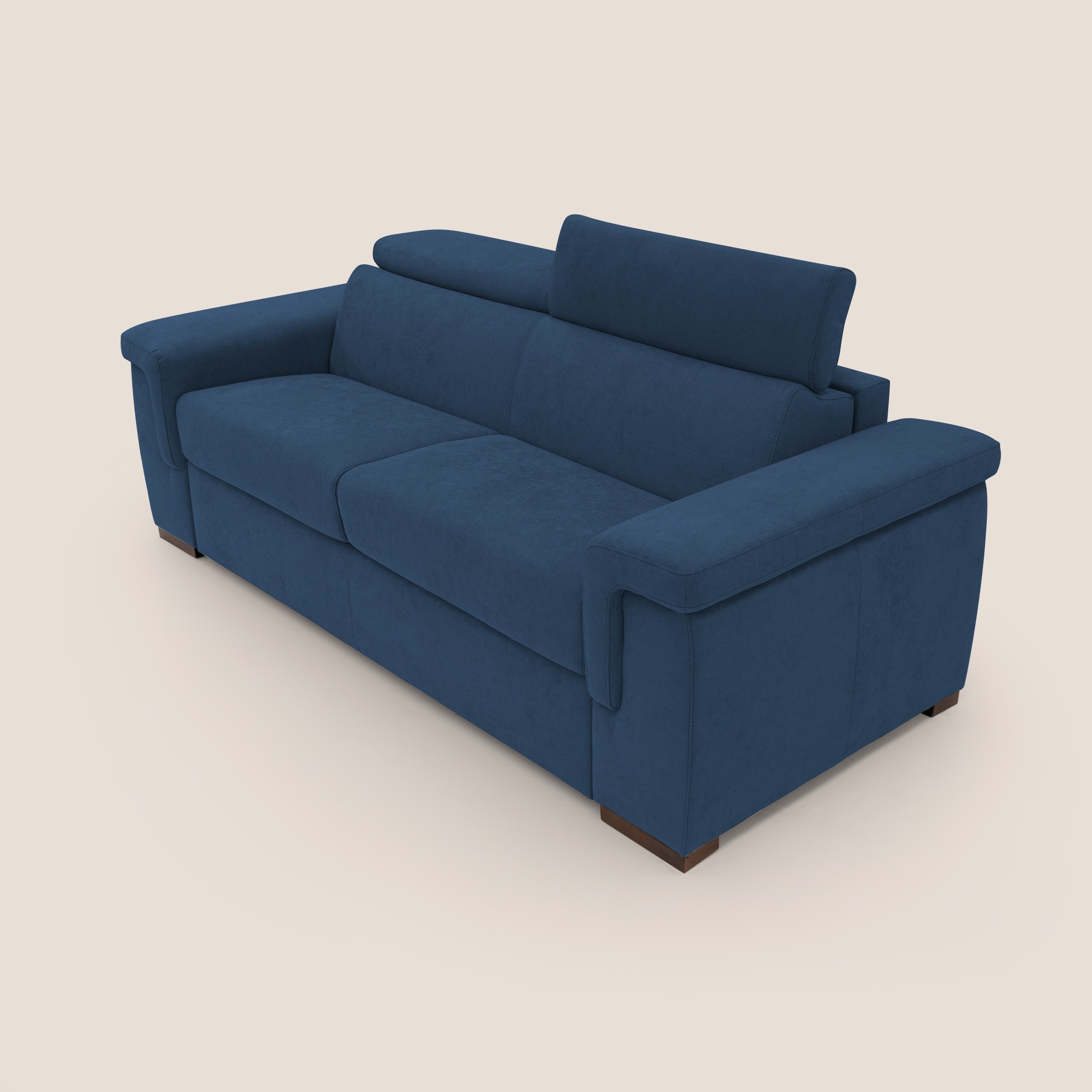 Giunone divano letto con materasso alto 18 cm e poggiatesta reclinabili in tessuto impermeabile T02 blu - divani.store