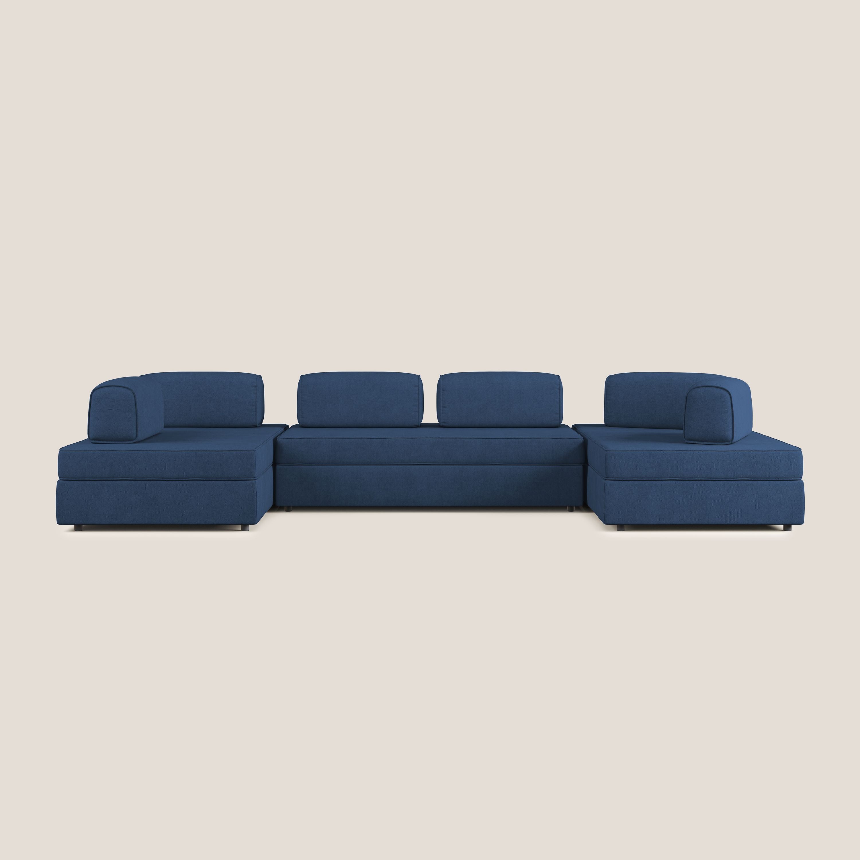 Liberty divano panoramico con pouf estraibile e schienali movibili in tessuto morbido impermeabile T02 blu - divani.store