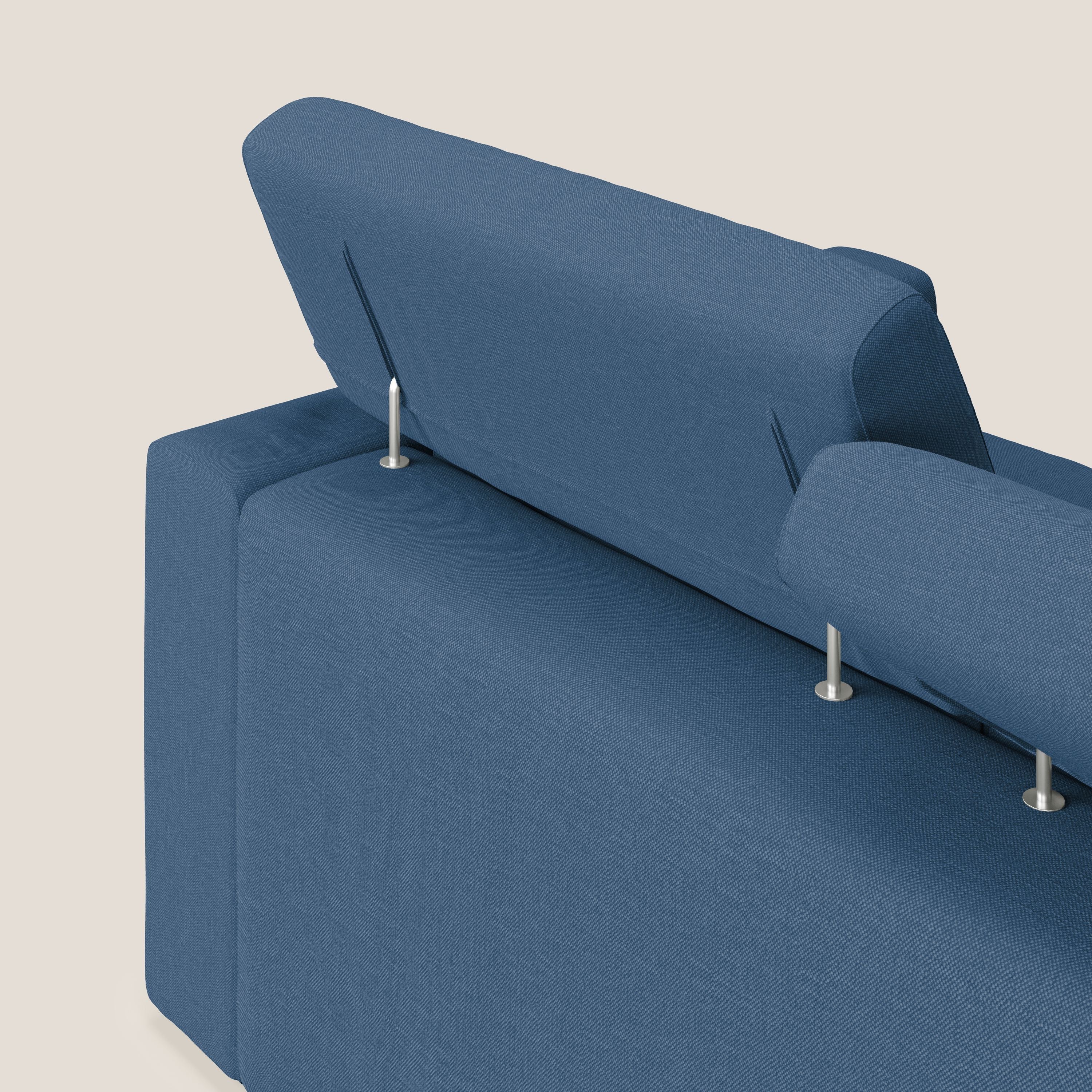 Dylan divano a 3 sedute con pouf estraibile poggiapiedi in tessuto simil cotone impermeabile T13 blu - divani.store