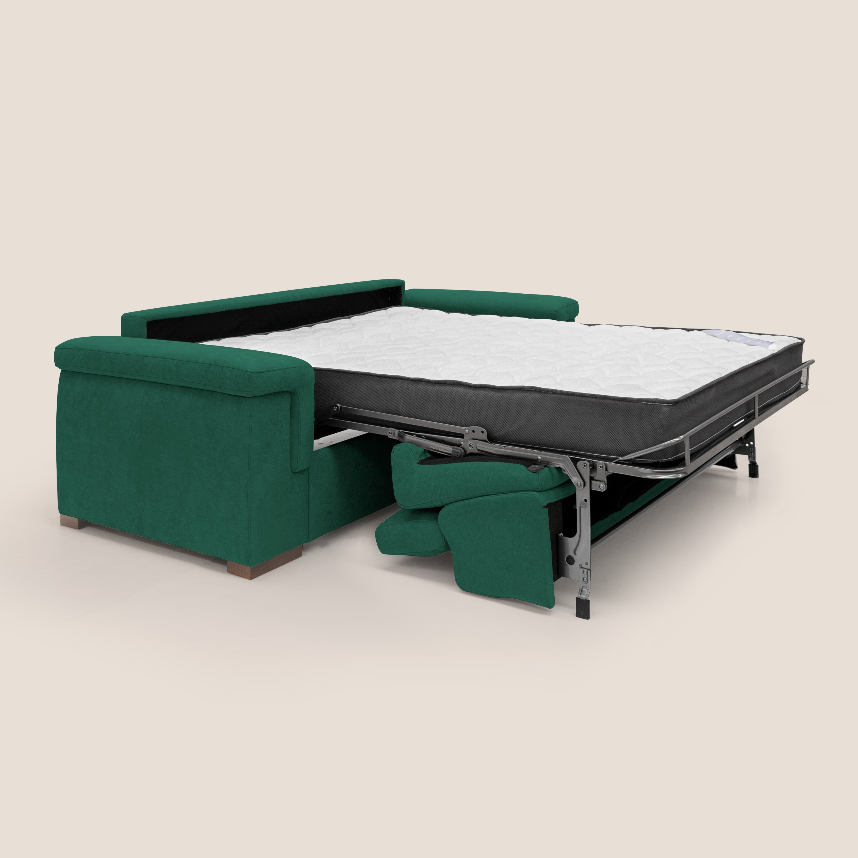 Giunone divano letto con materasso alto 18 cm e poggiatesta reclinabili in tessuto impermeabile T02 verde - divani.store