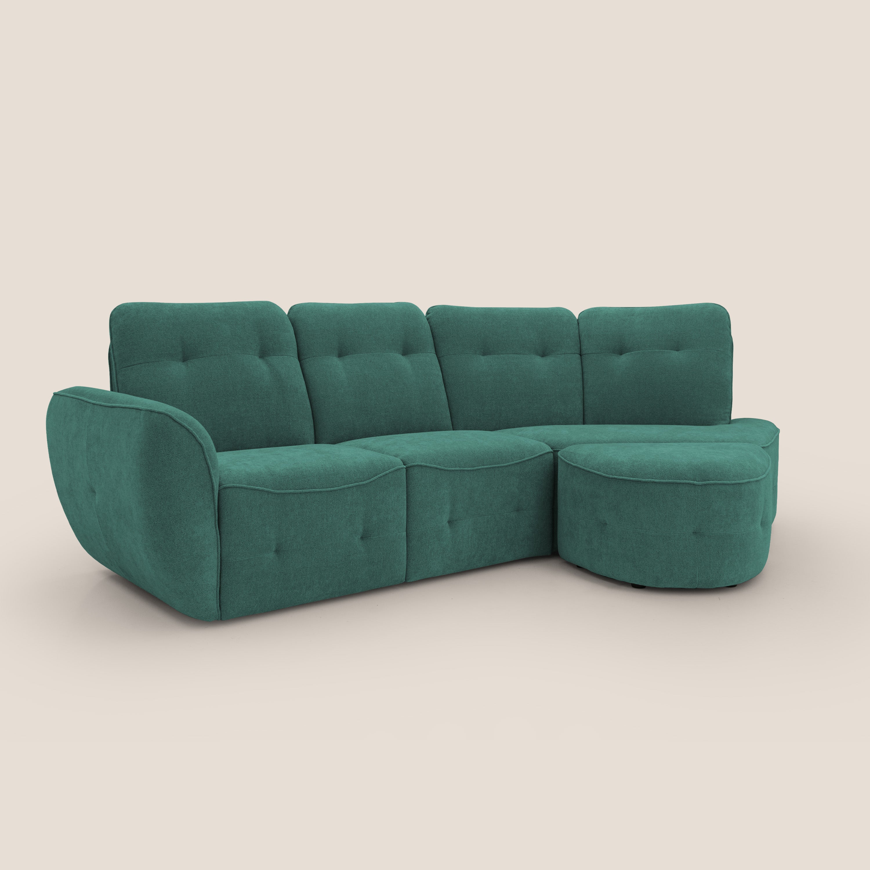 Cerbero divano angolare con pouf mobile in morbido bouclé impermeabile T07 verde - divani.store