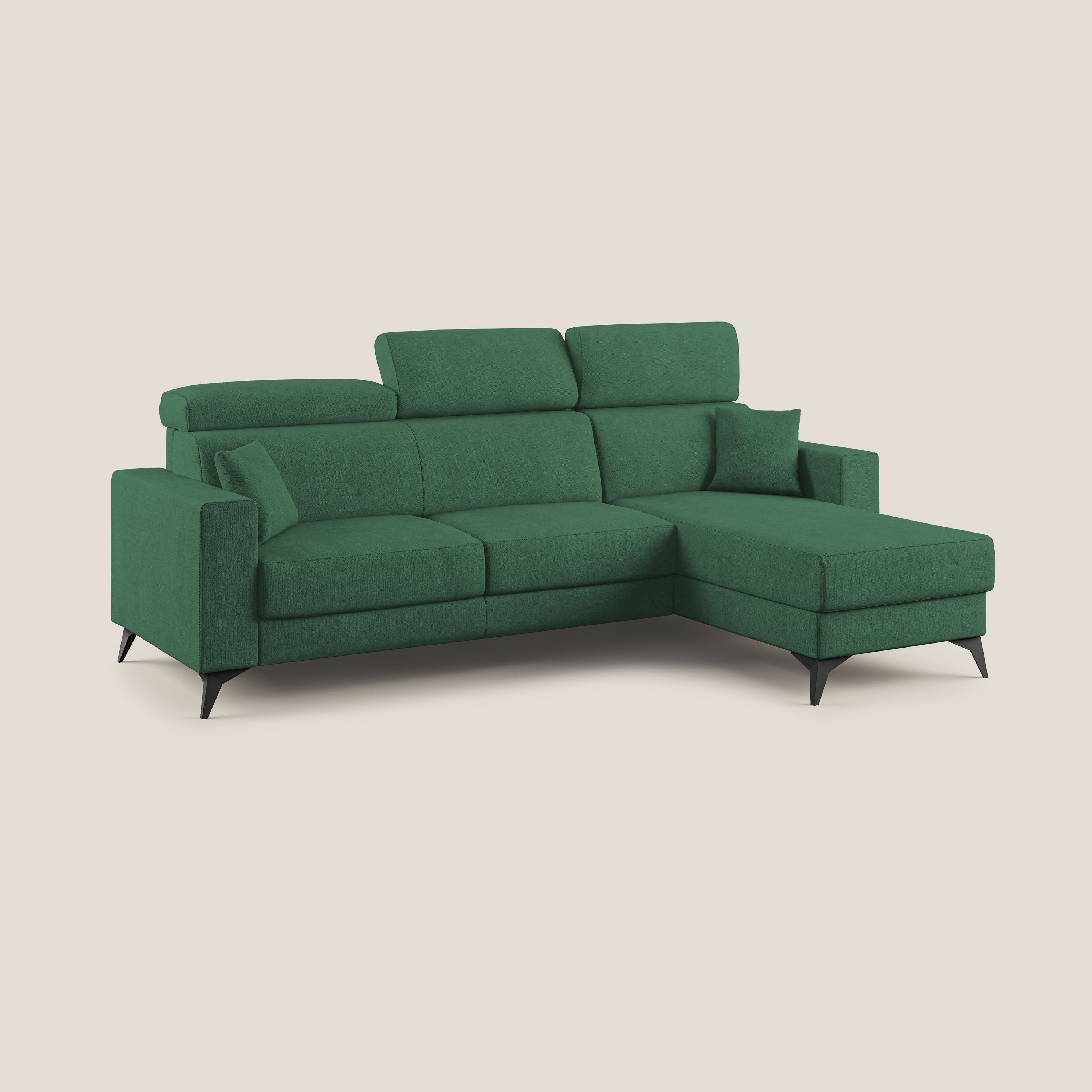 Pegaso divano letto angolare con poggiatesta reclinabili e rivestimento impermeabile T02 verde - divani.store
