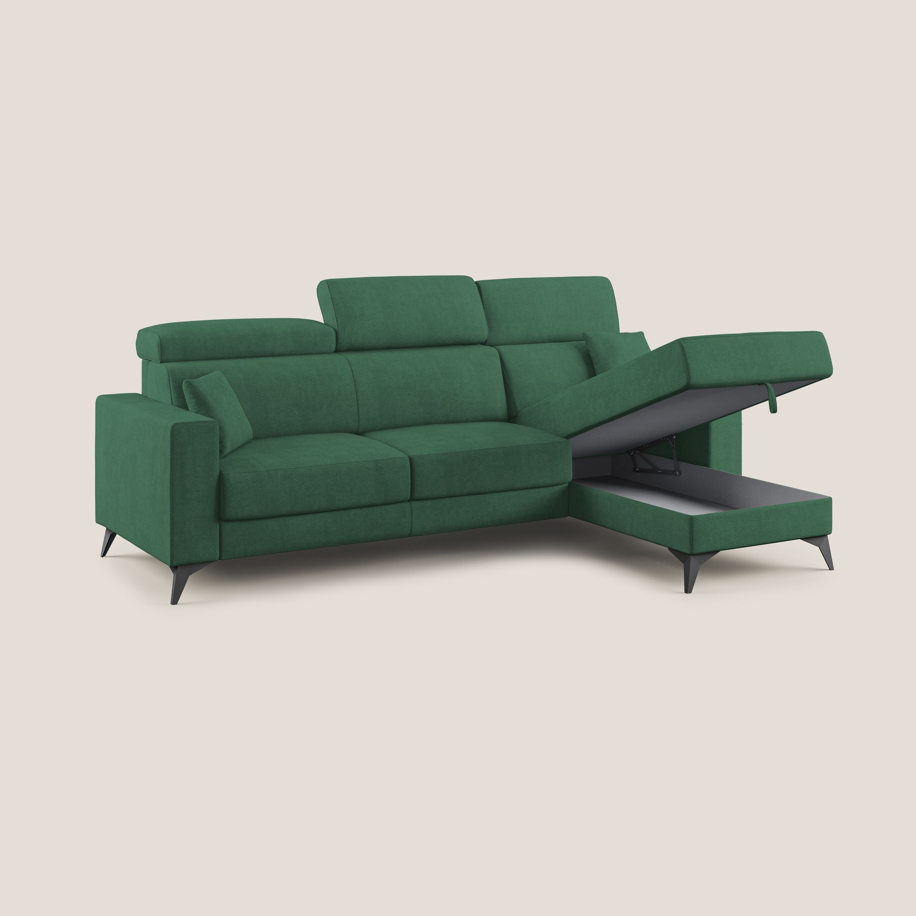 Pegaso divano letto angolare con poggiatesta reclinabili e rivestimento impermeabile T02 verde - divani.store
