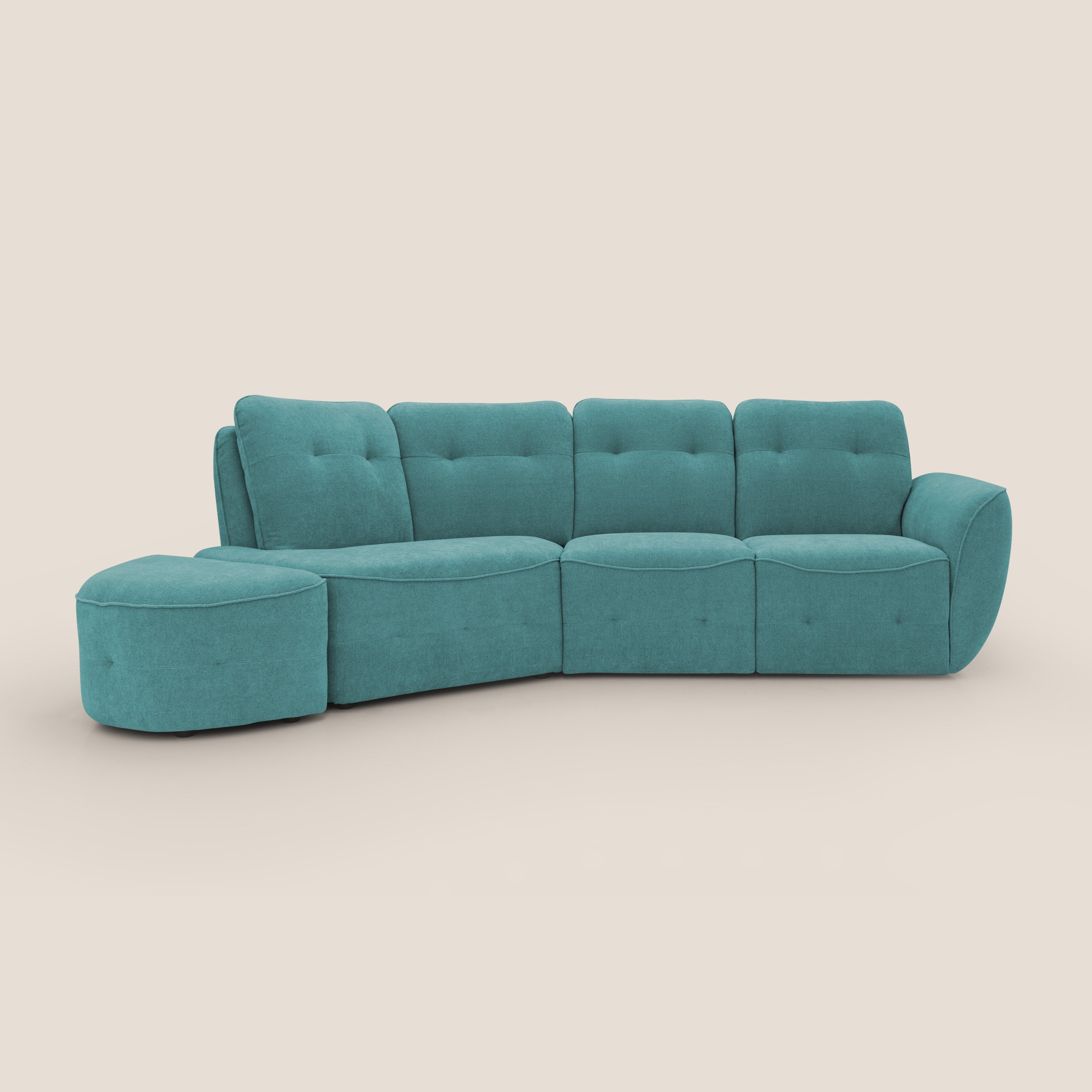 Cerbero divano angolare con pouf mobile in morbido bouclé impermeabile T07 azzurro - divani.store