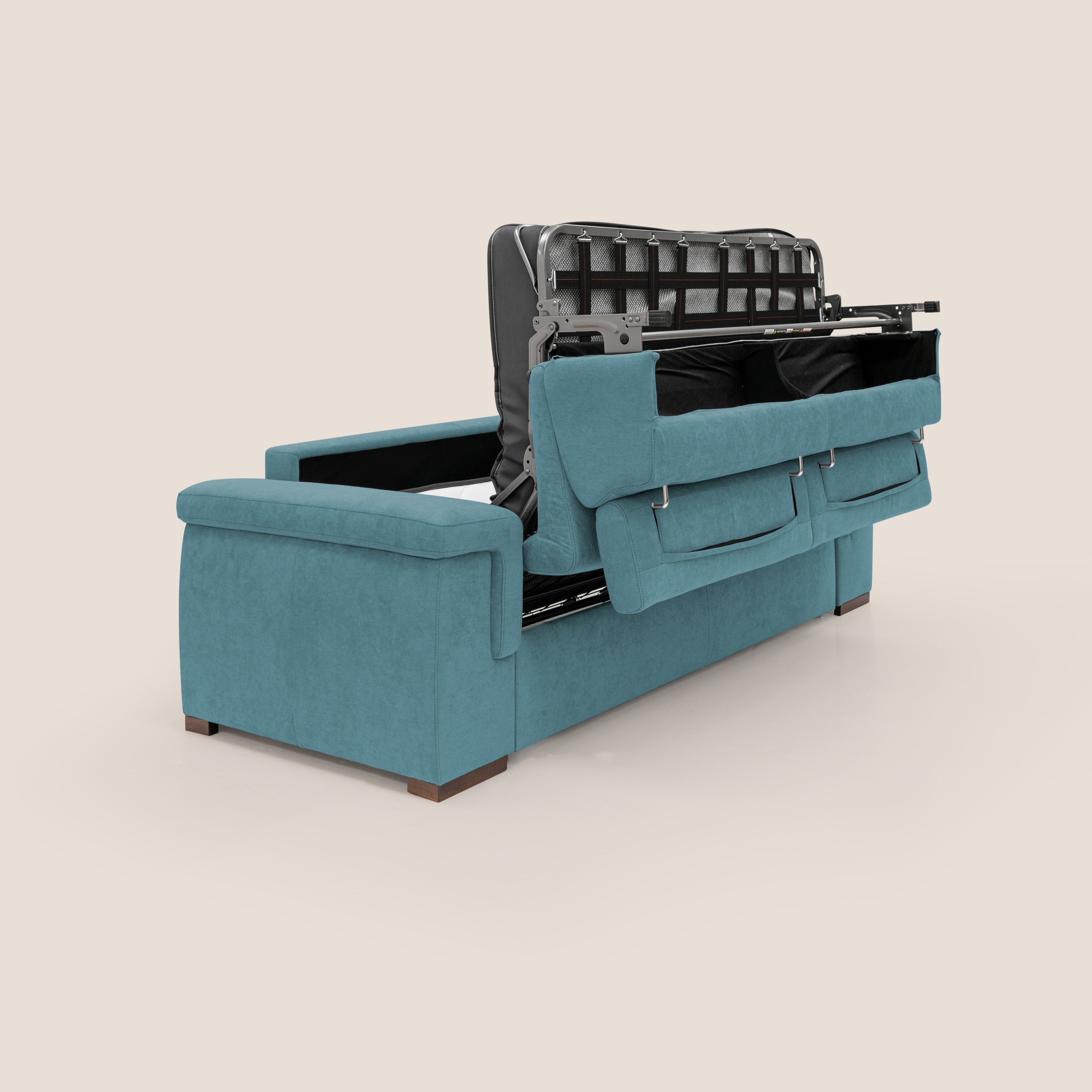 Giunone divano letto con materasso alto 18 cm e poggiatesta reclinabili in tessuto impermeabile T02 azzurro - divani.store