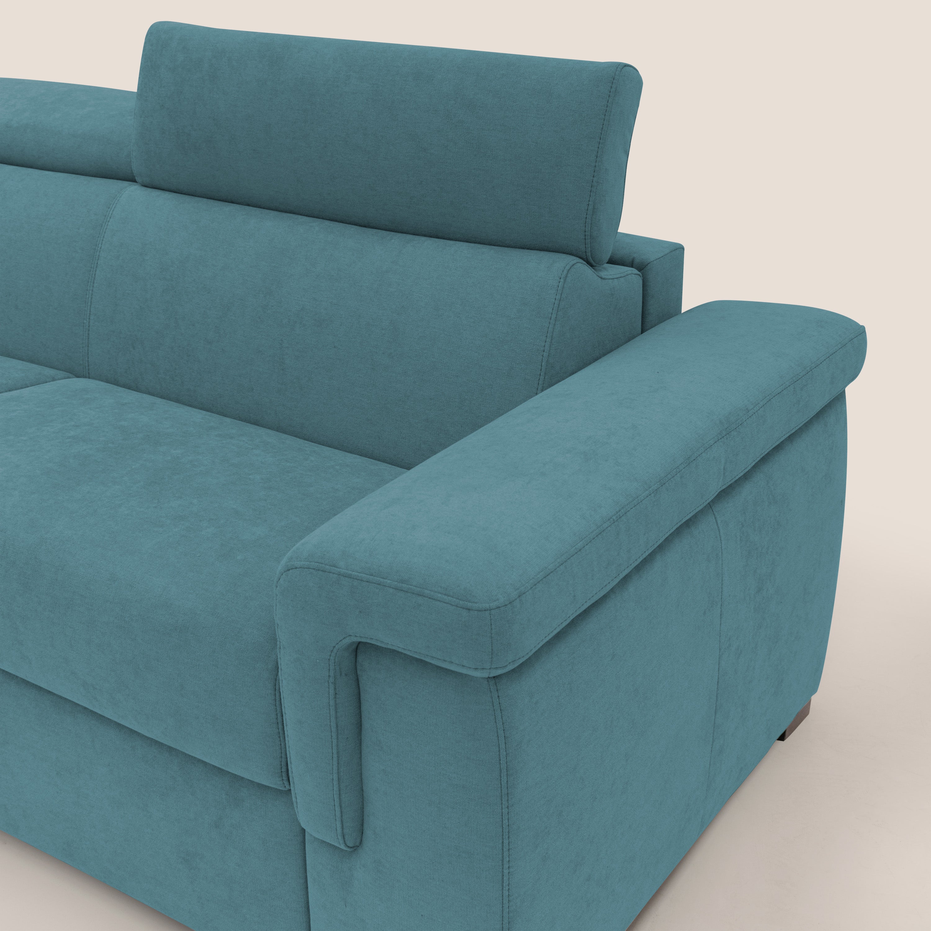 Giunone divano letto con materasso alto 18 cm e poggiatesta reclinabili in tessuto impermeabile T02 azzurro - divani.store