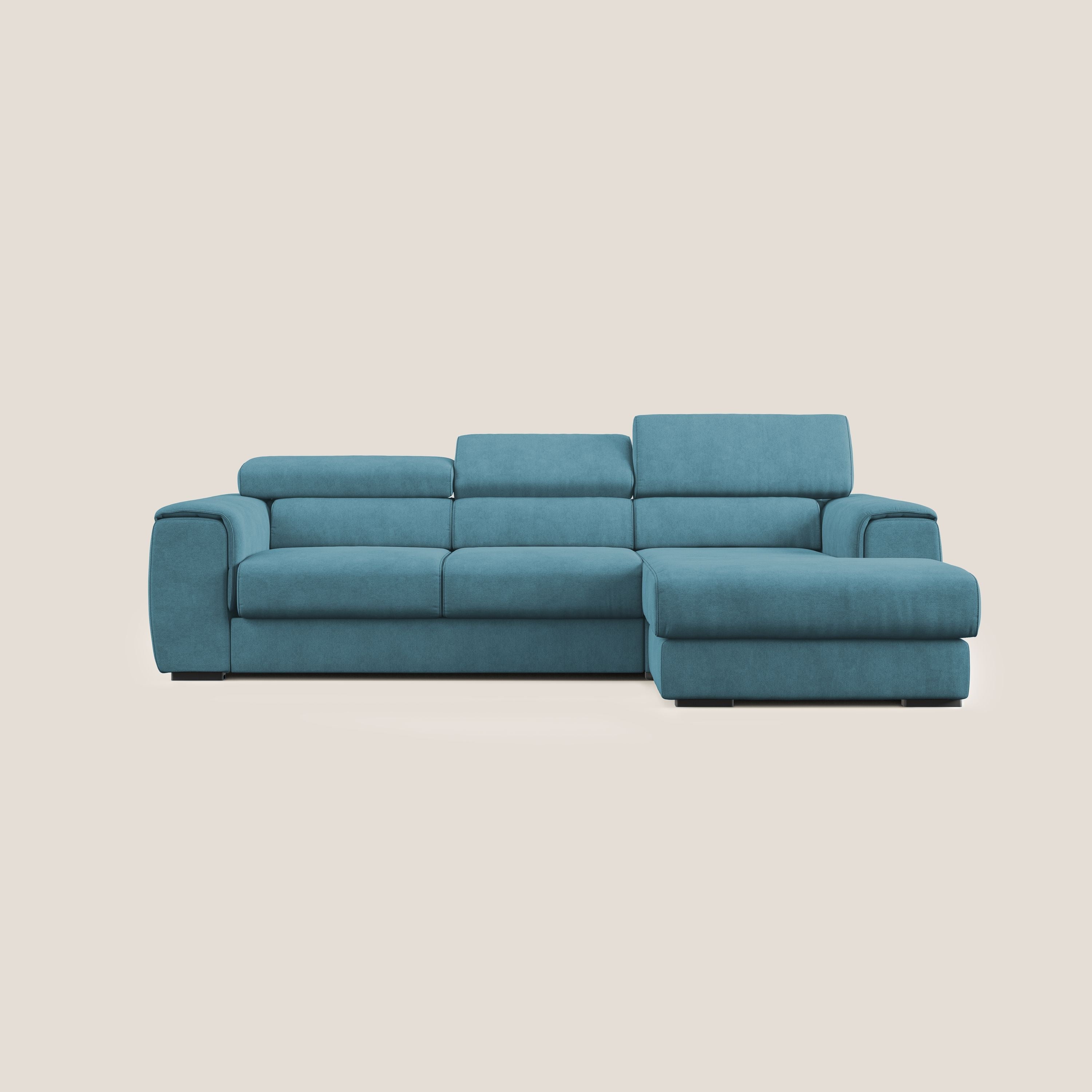 Zeno Divano angolare con pouf estraibile poggiapiedi in tessuto morbido impermeabile T02 azzurro - divani.store