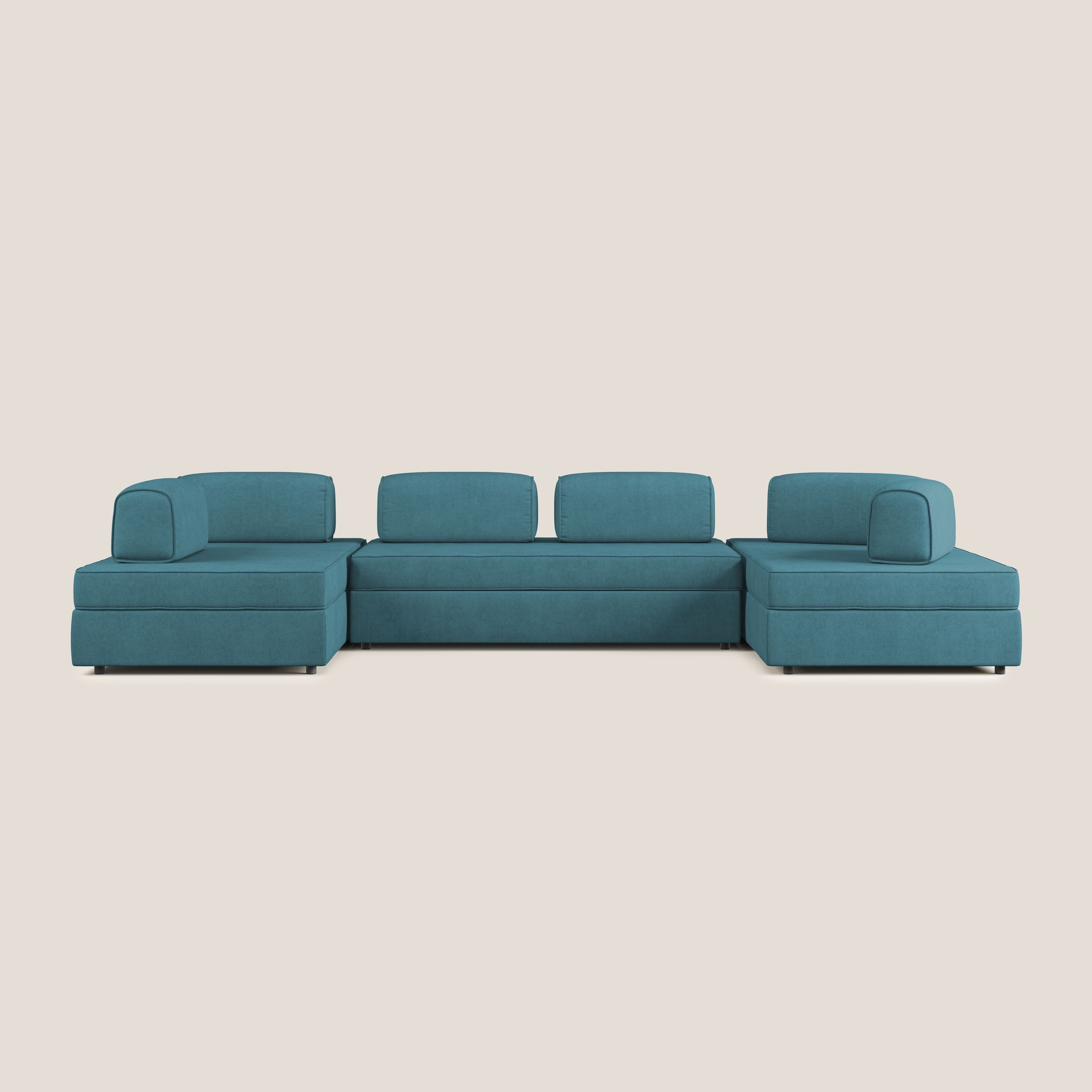 Liberty divano panoramico con pouf estraibile e schienali movibili in tessuto morbido impermeabile T02 azzurro - divani.store