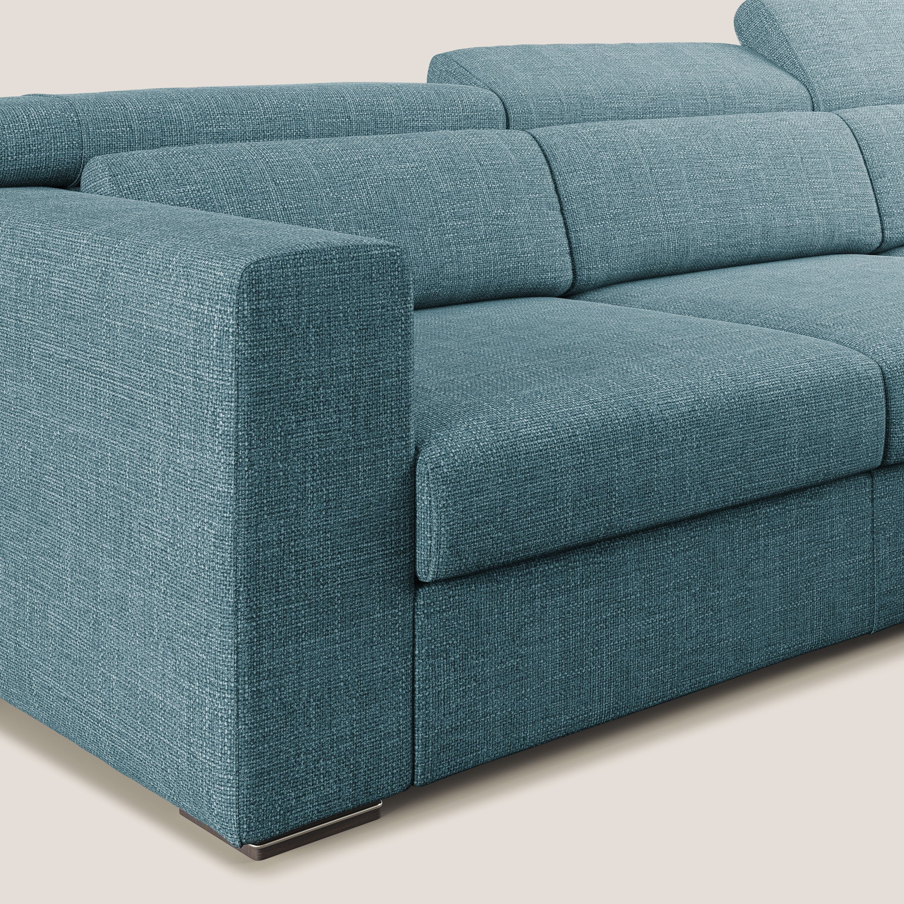 Vegas divano angolare con poggiatesta reclinabili in morbido tessuto impermeabile T06 azzurro - divani.store