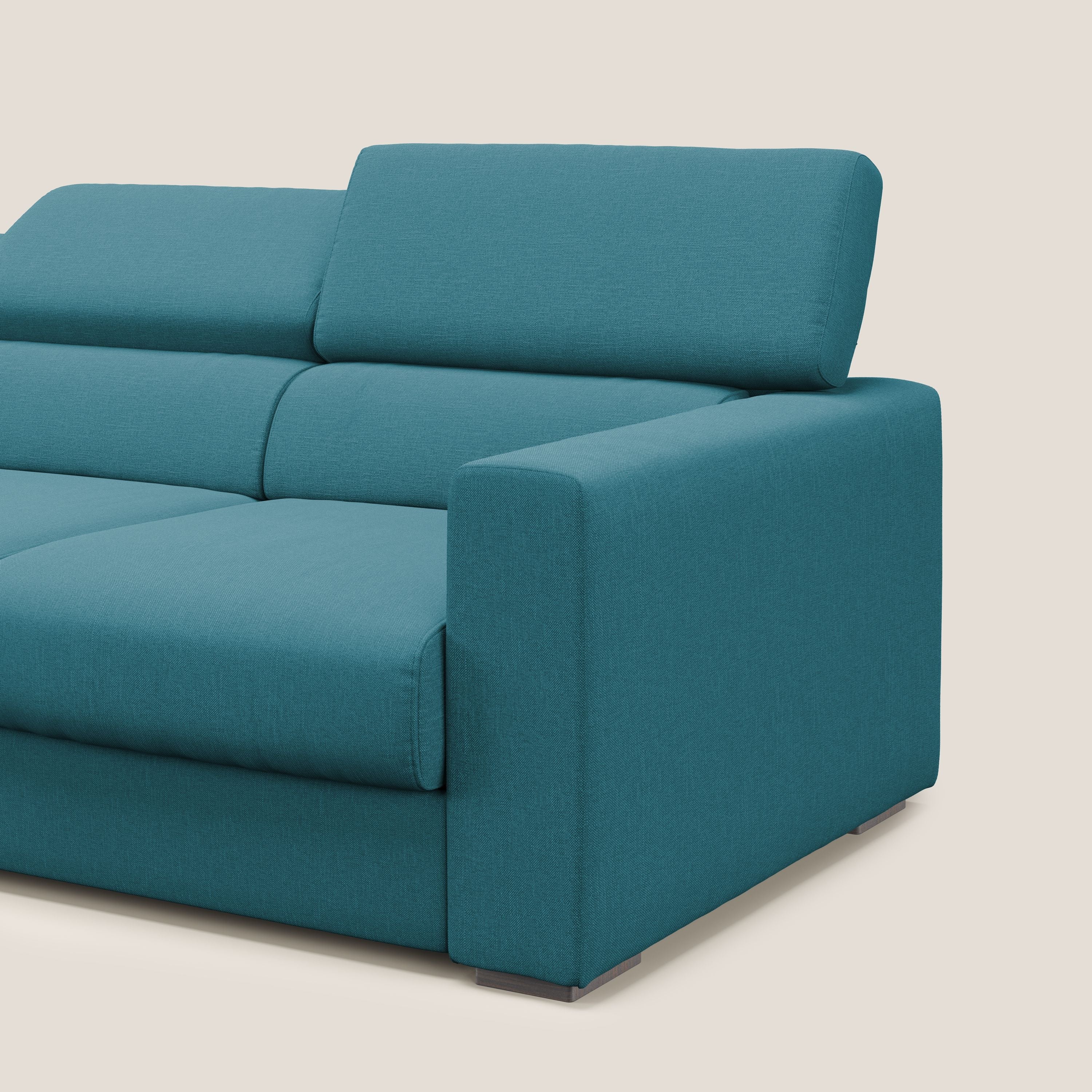 Dylan divano a 3 sedute con pouf estraibile poggiapiedi in tessuto simil cotone impermeabile T13 azzurro - divani.store