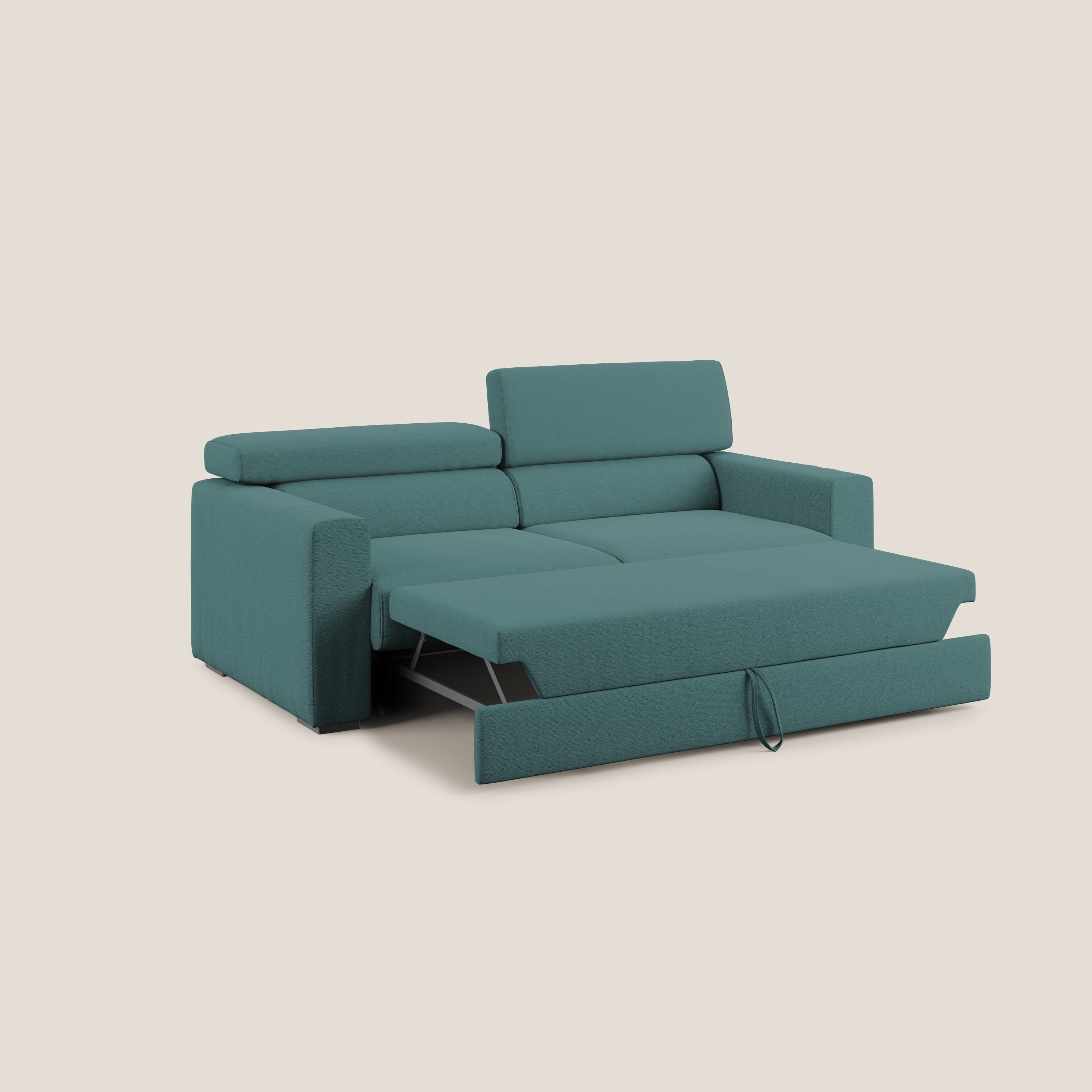 Dylan divano allungabile con pouf estraibile poggiapiedi in tessuto fiammato simil cotone impermeabile T19 petrolio - divani.store