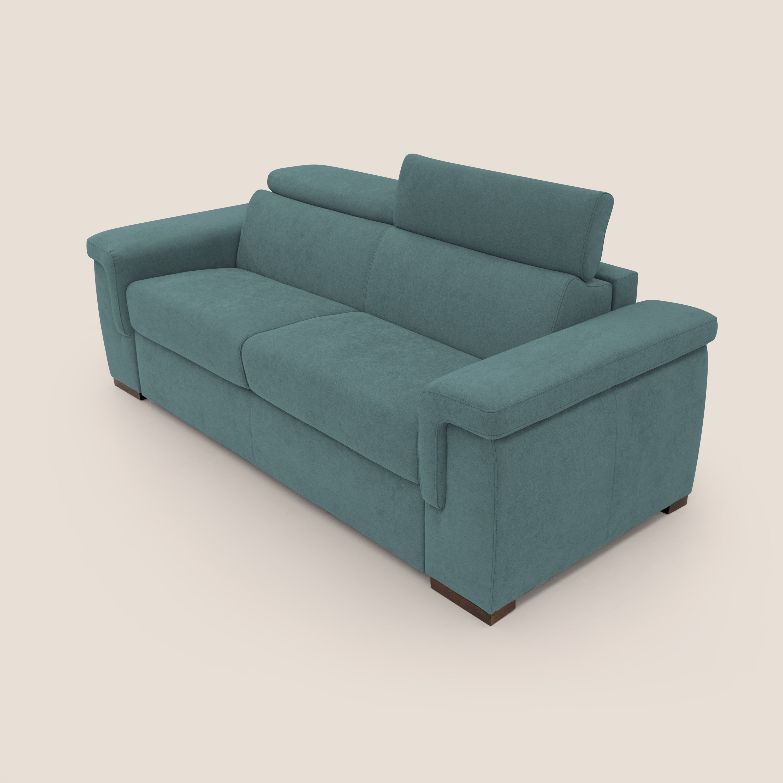 Giunone divano letto con materasso alto 18 cm e poggiatesta reclinabili in tessuto impermeabile T02 petrolio - divani.store