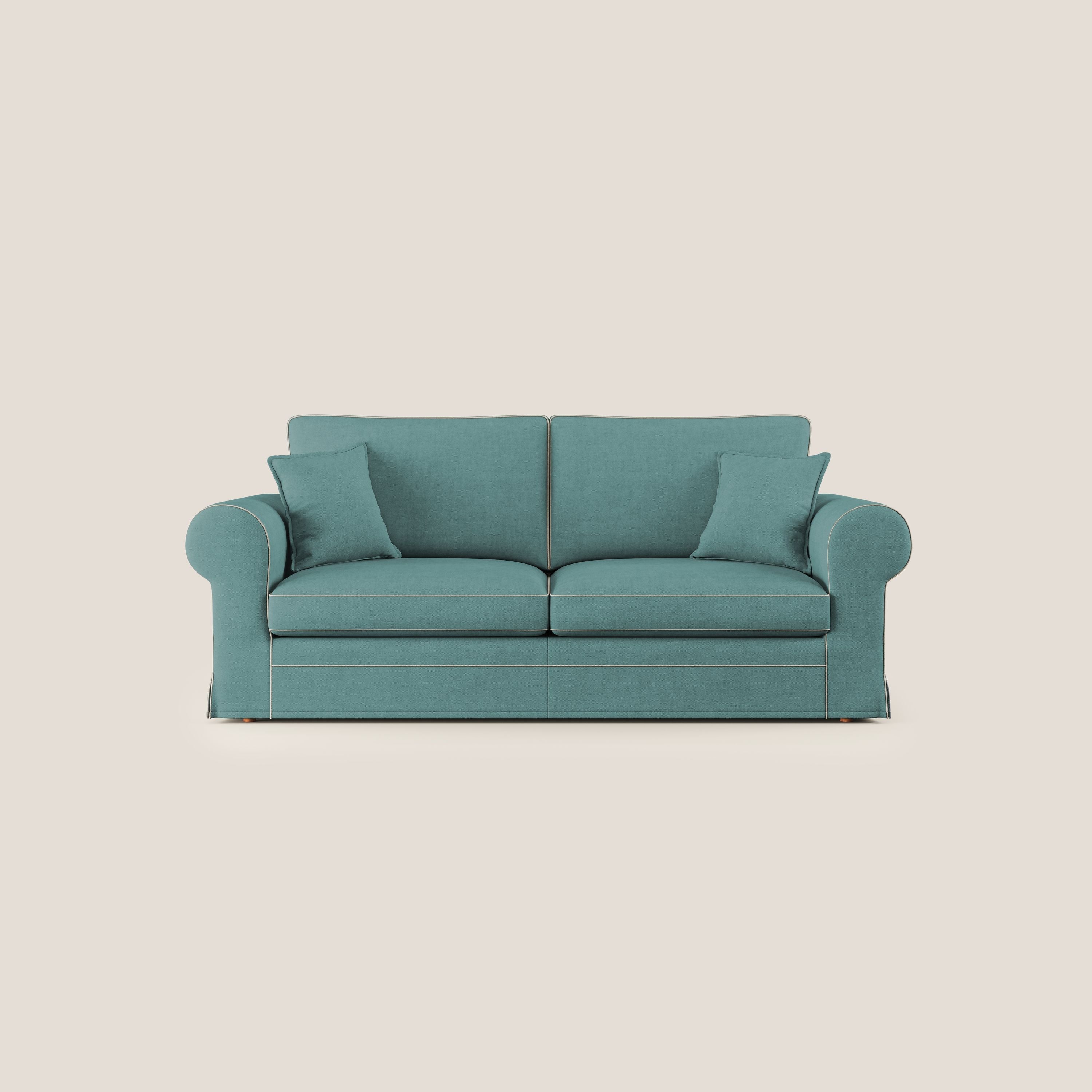 Lady divano classico bicolore in piuma d'oca realizzato con tessuto impermeabile T02 petrolio - panna - divani.store