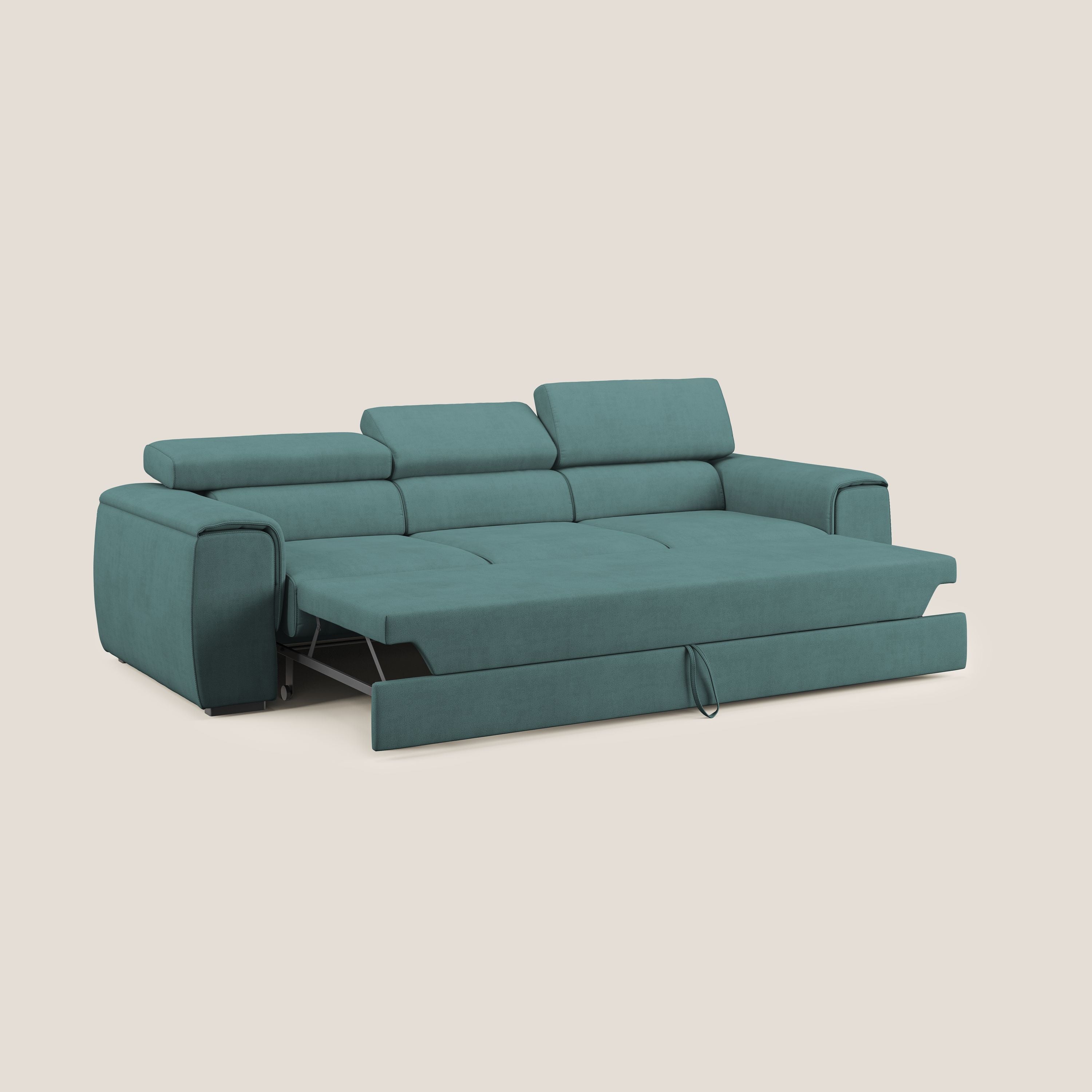 Zeno Divano con pouf estraibile poggiapiedi a 3 sedute in tessuto morbido impermeabile T02 petrolio - divani.store