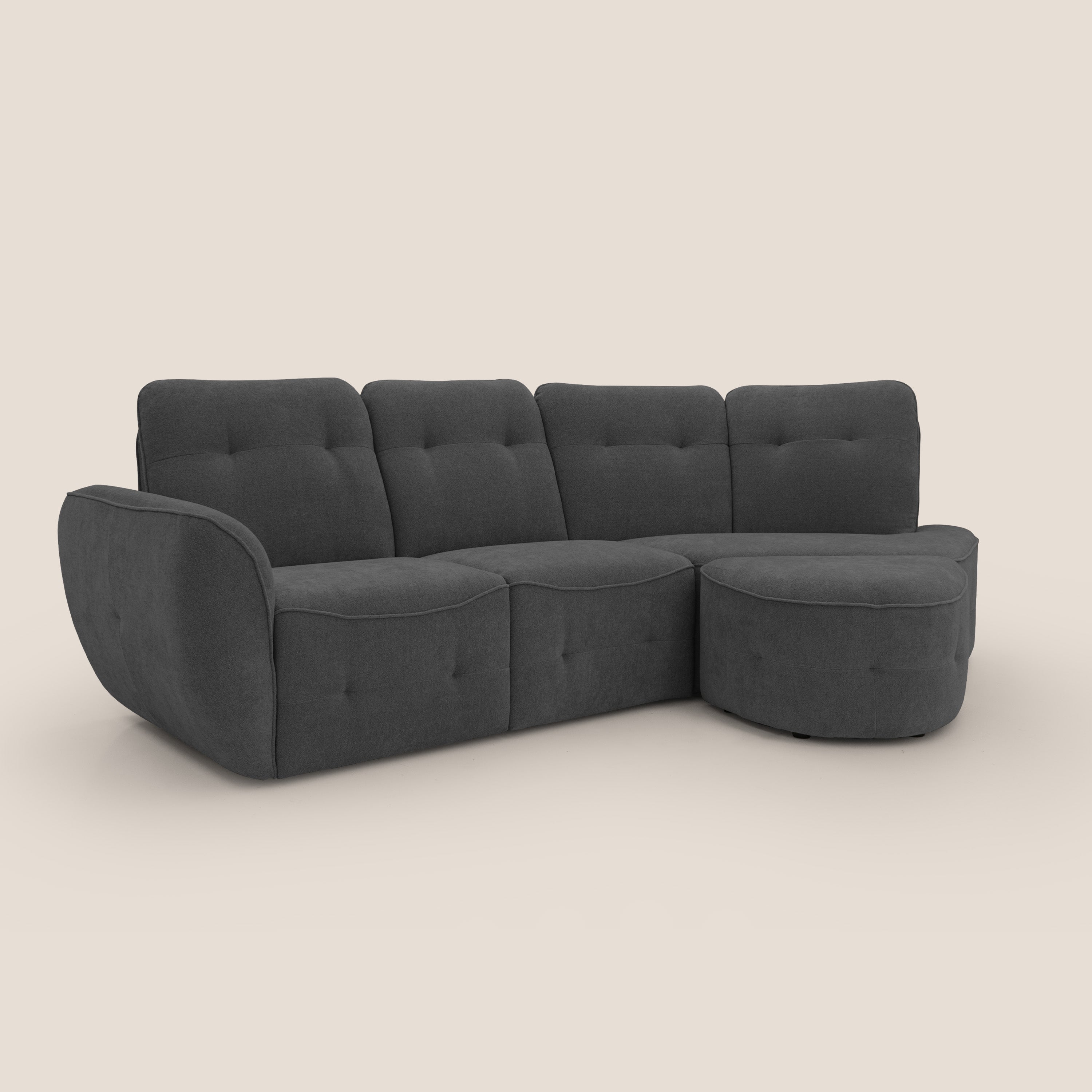 Cerbero divano angolare con pouf mobile in morbido bouclé impermeabile T07 antracite - divani.store