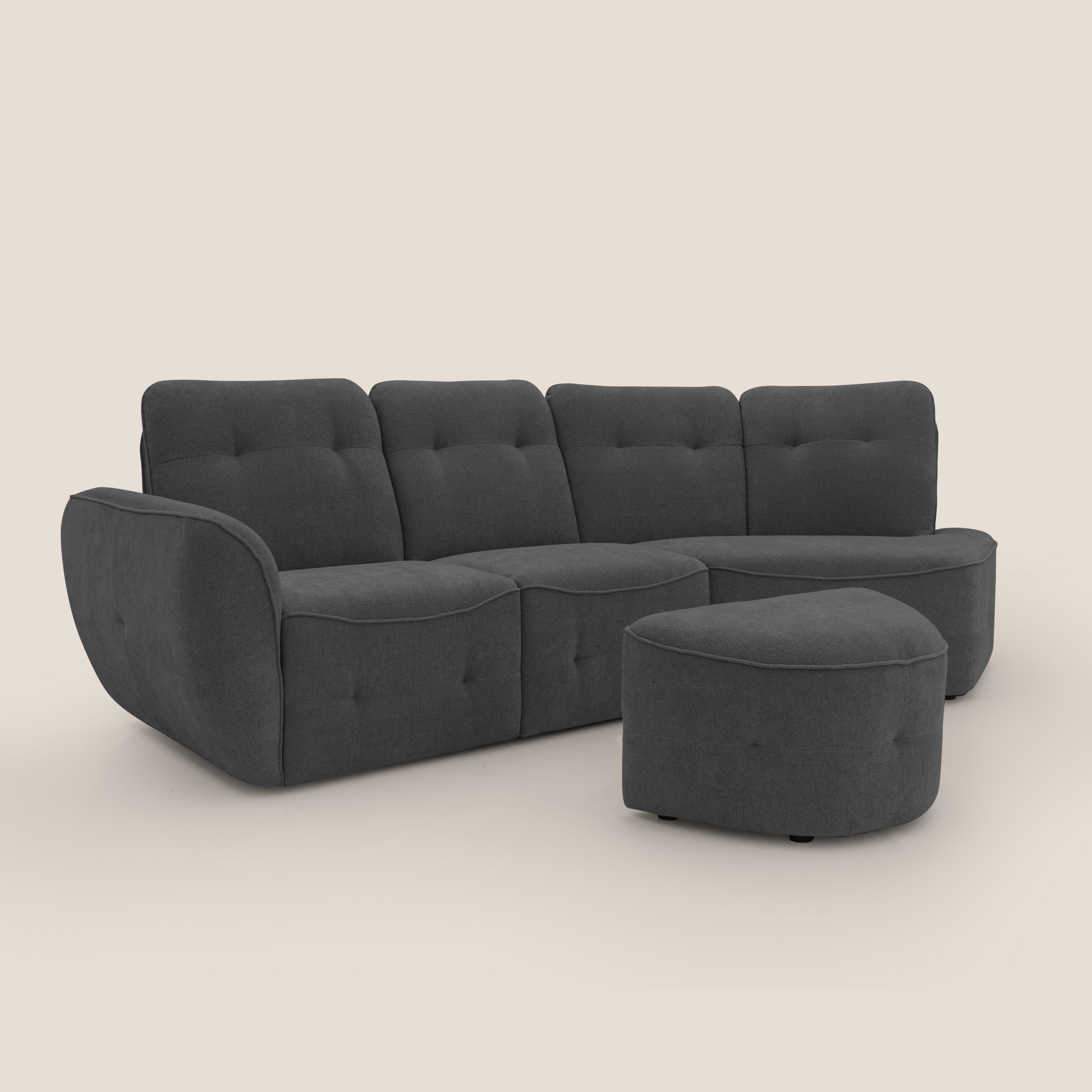 Cerbero divano angolare con pouf mobile in morbido bouclé impermeabile T07 antracite - divani.store