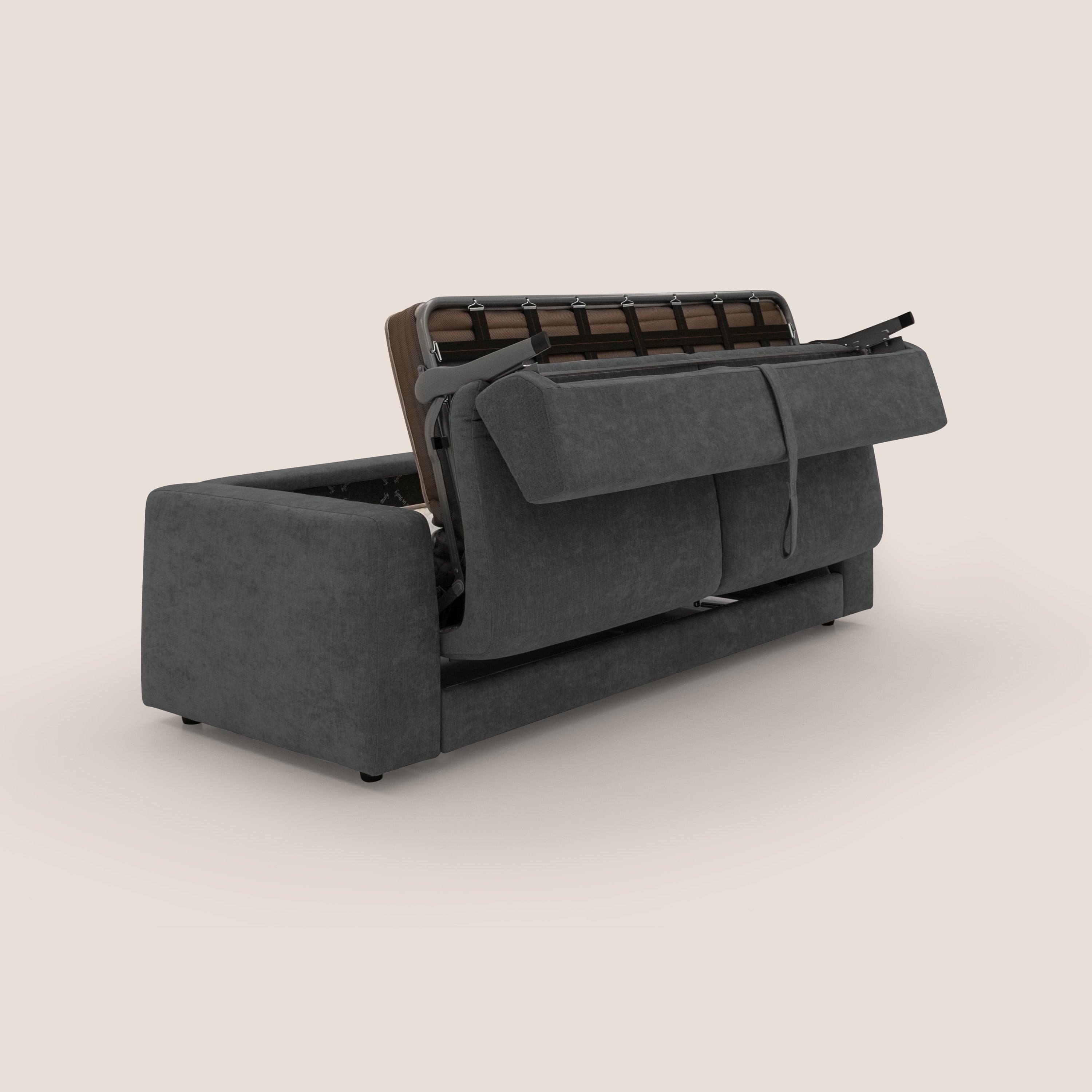 Freia Divano letto minimal materasso h15 cm con morbidi schienali in tessuto impermeabile T14 antracite - divani.store