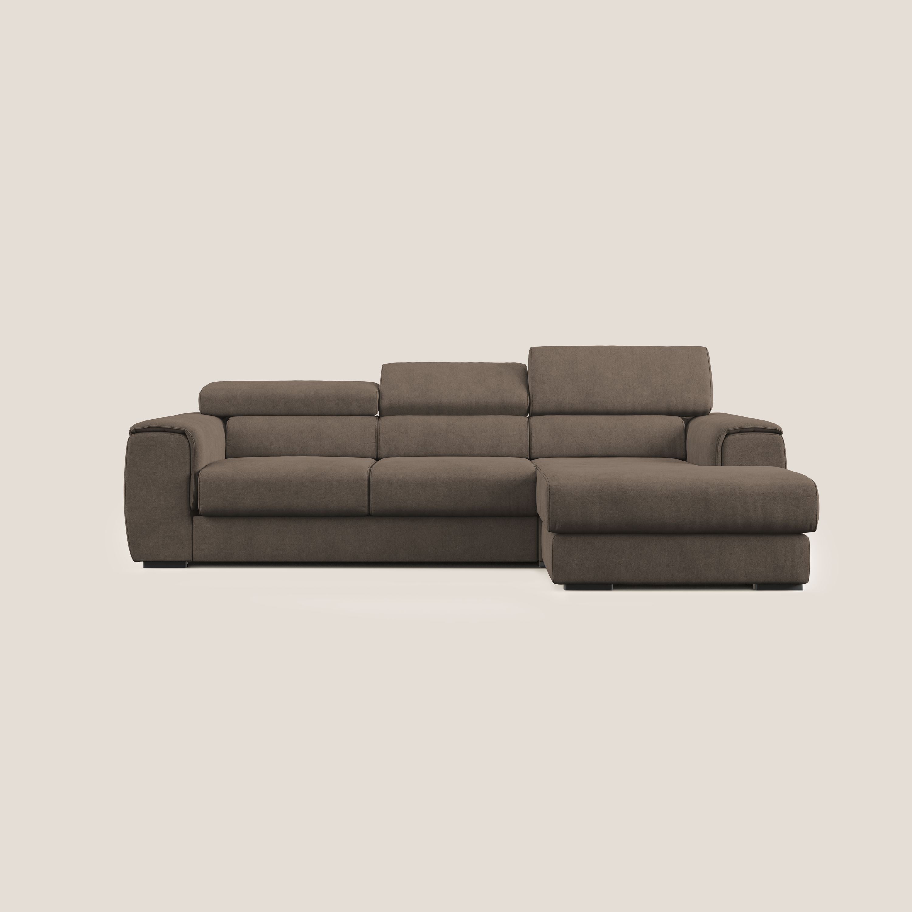 Zeno Divano angolare con pouf estraibile poggiapiedi in tessuto morbido impermeabile T02 marrone - divani.store