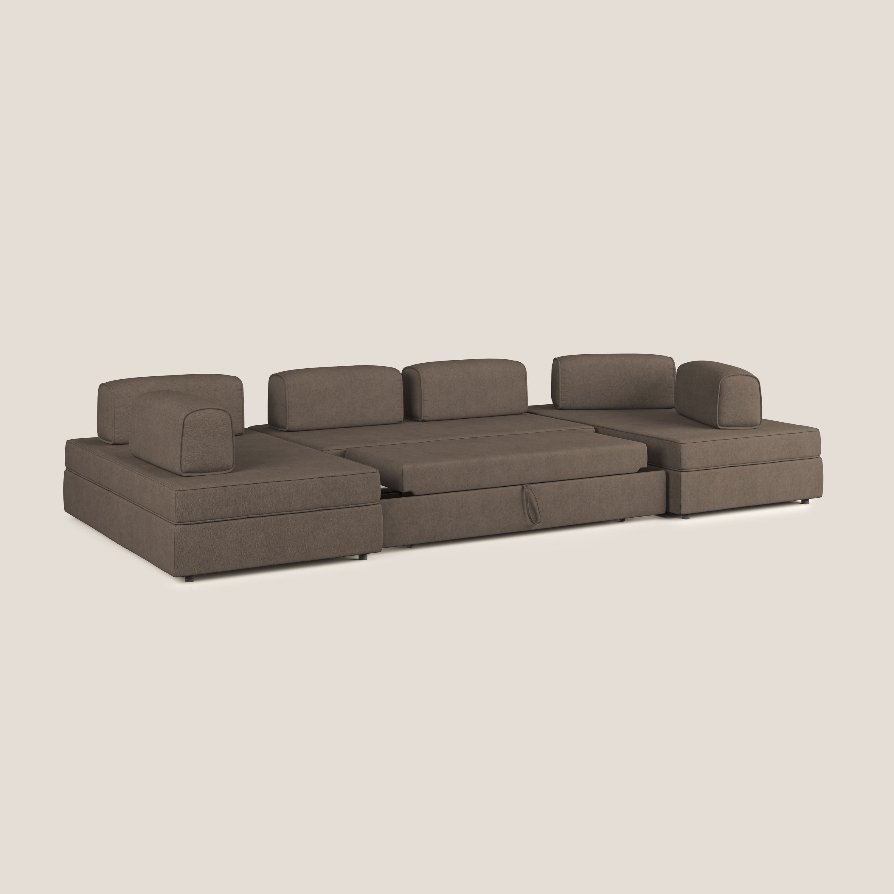 Liberty divano panoramico con pouf estraibile e schienali movibili in tessuto morbido impermeabile T02 marrone - divani.store