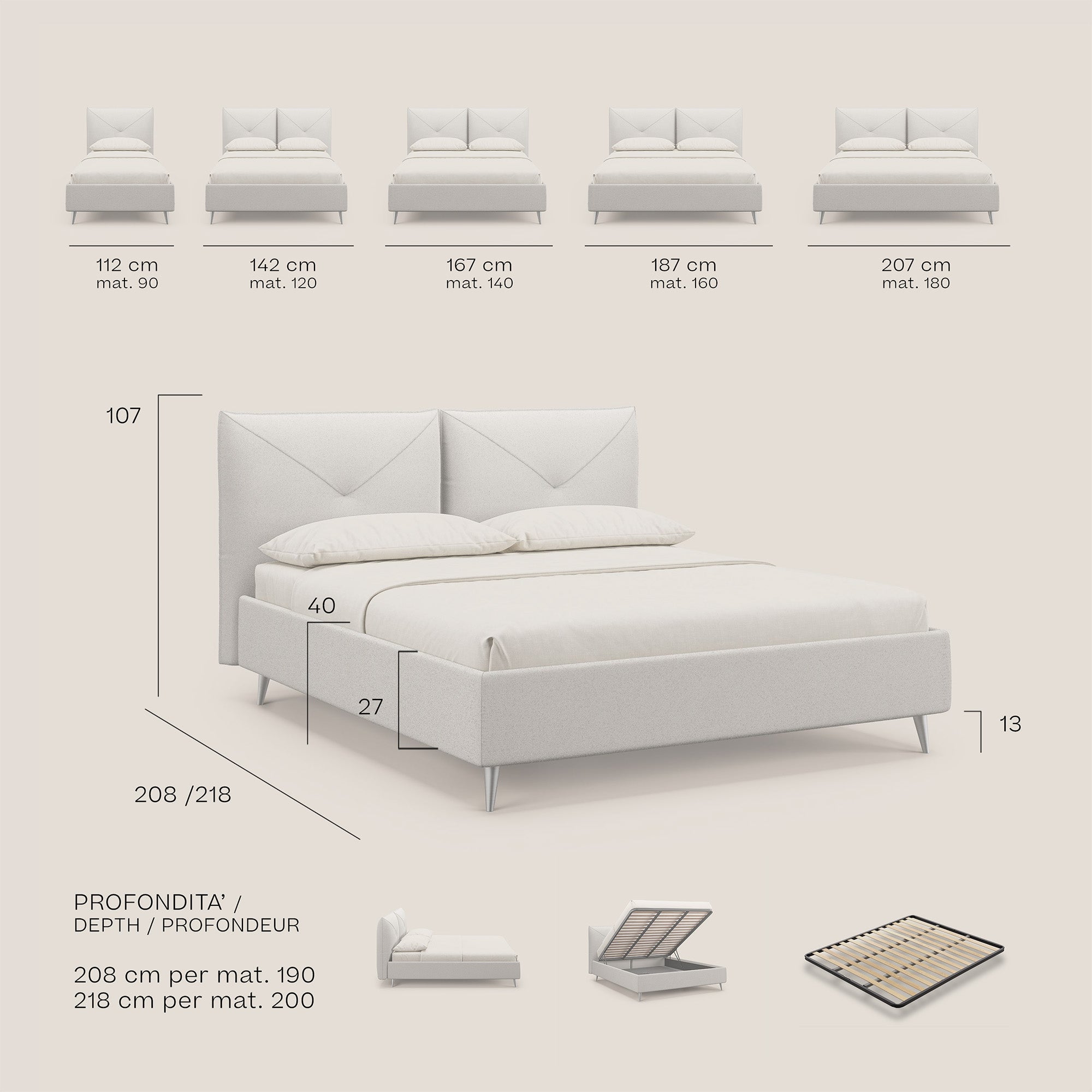 Adone letto imbottito contenitore a doppia pannellatura in bouclet impermeabile T07 azzurro - divani.store