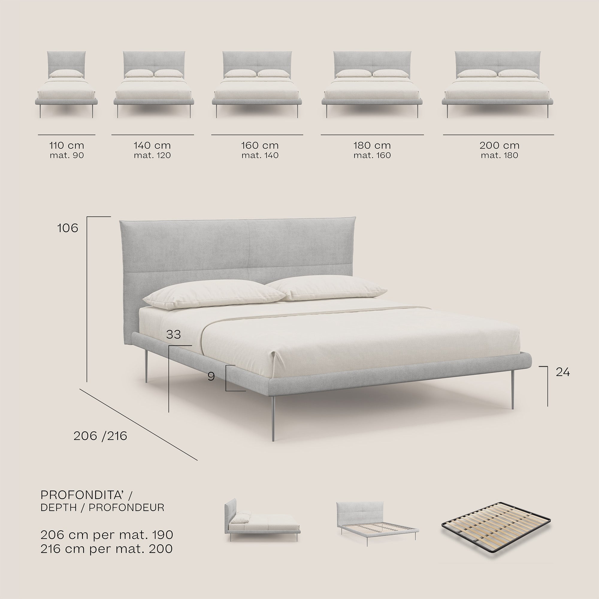 Akiko letto imbottito con piedi alti in metallo in tessuto impermeabile T02 grigio - divani.store