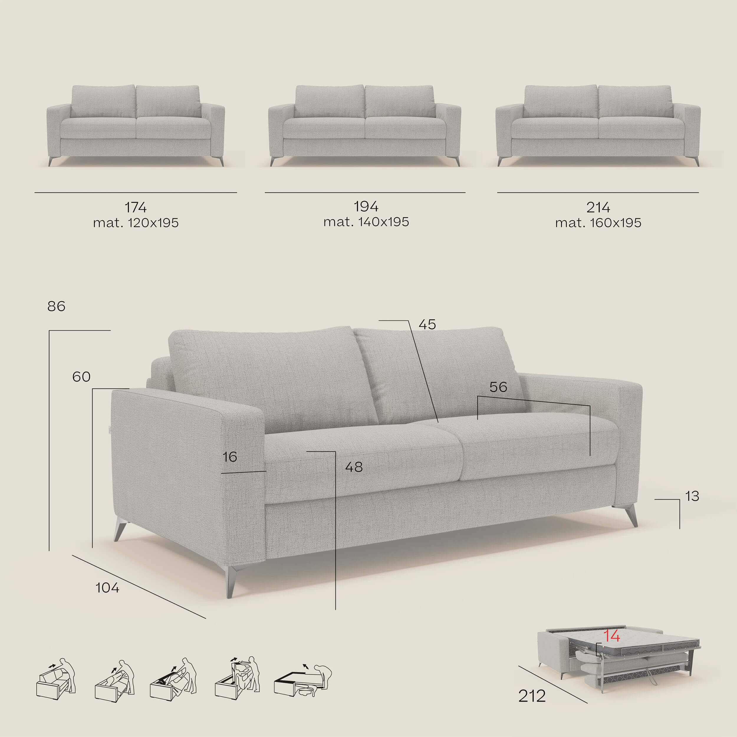 Alaya Divano letto matrimoniale dai morbidi cuscini in tessuto impermeabile T03 beige