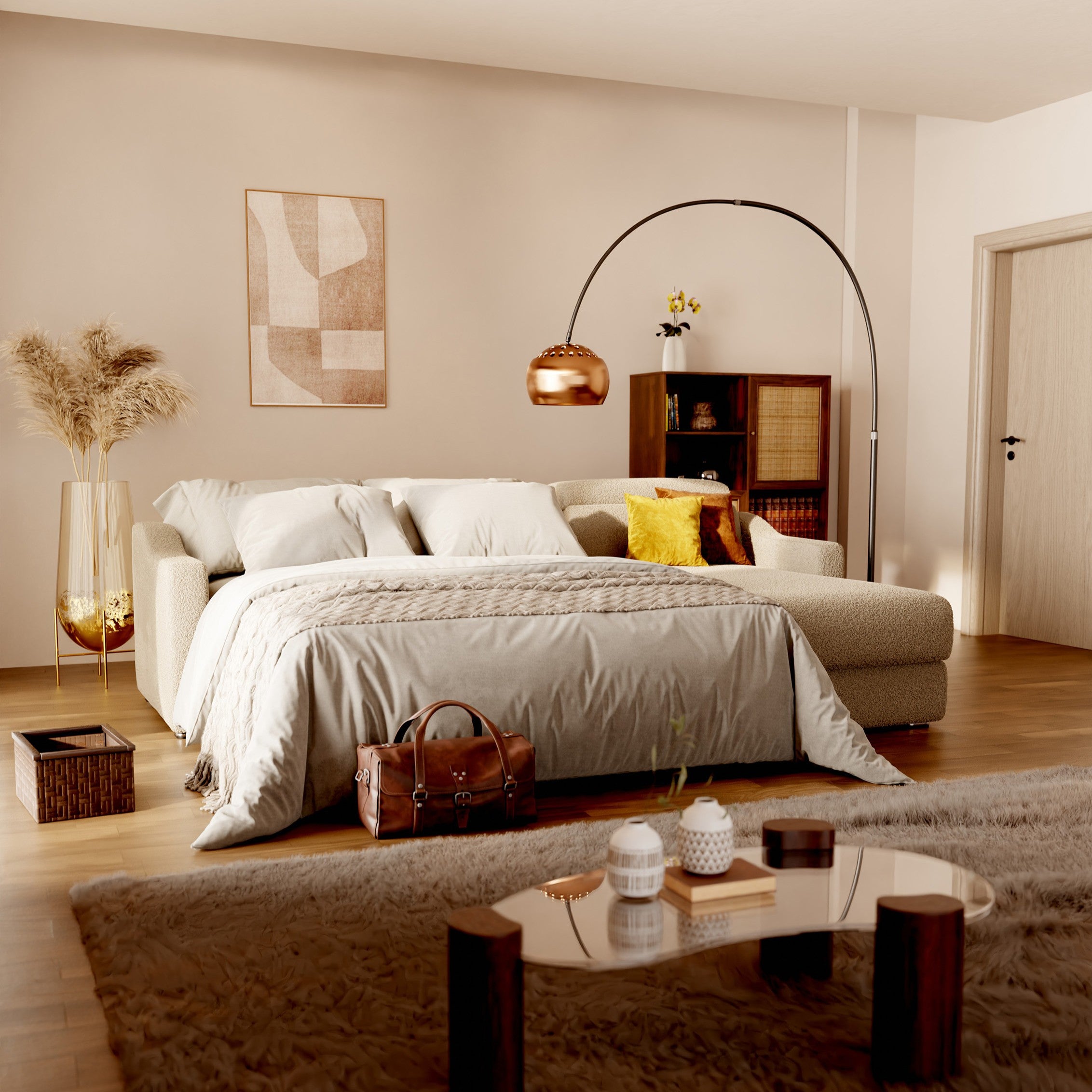 Amber divano letto angolare con poggiatesta reclinabili in morbido e raffinato tessuto bouclé Teddy - divani.store