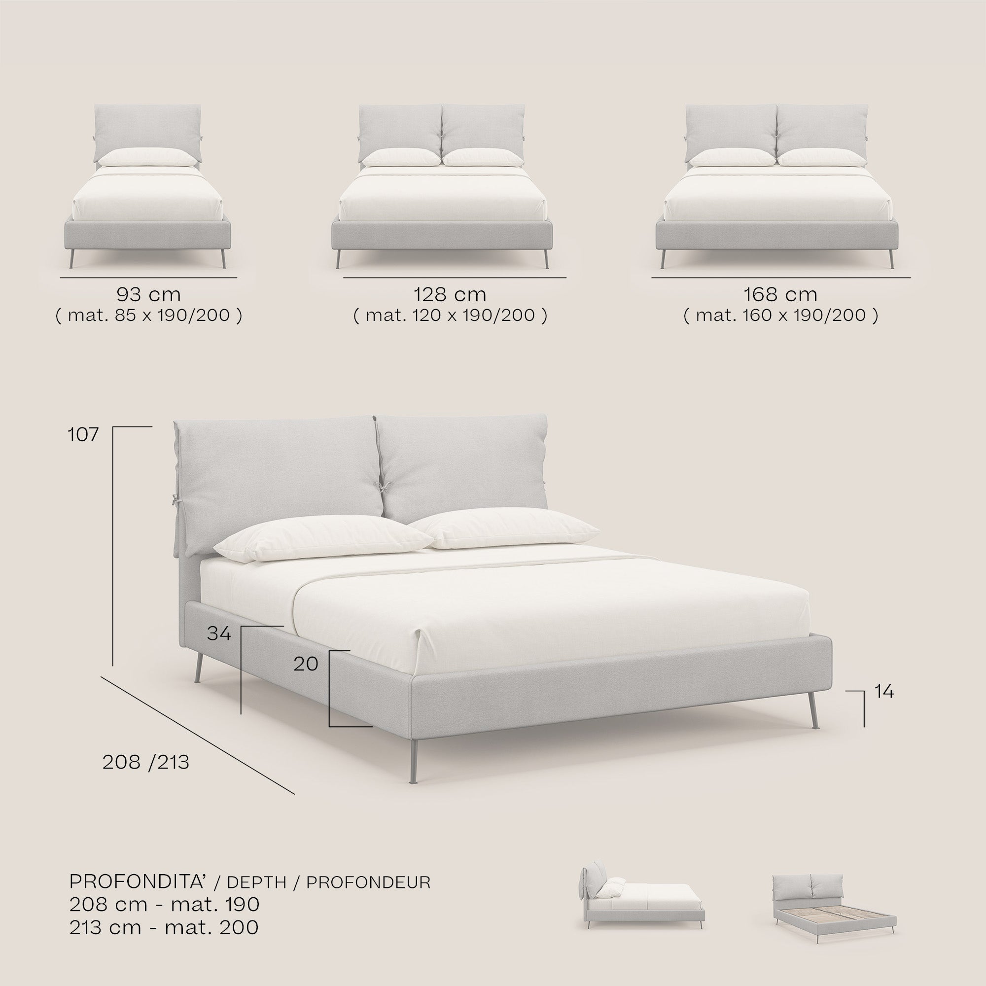 Artemisia letto imbottito con piedini alti sfoderabile in tessuto smacchiabile T17 beige - divani.store