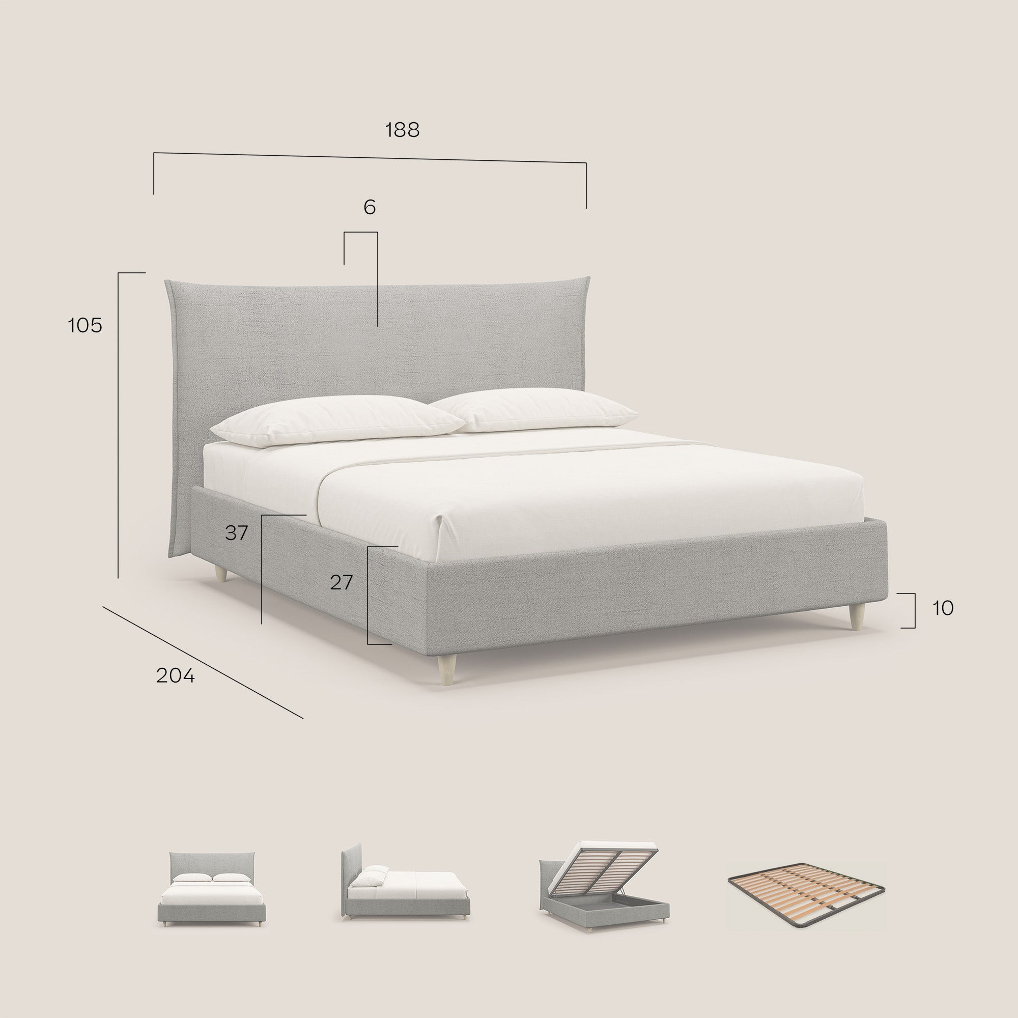 Audrey letto imbottito contenitore e sfoderabile in tessuto fiammato impermeabile T03 grigio chiaro - divani.store