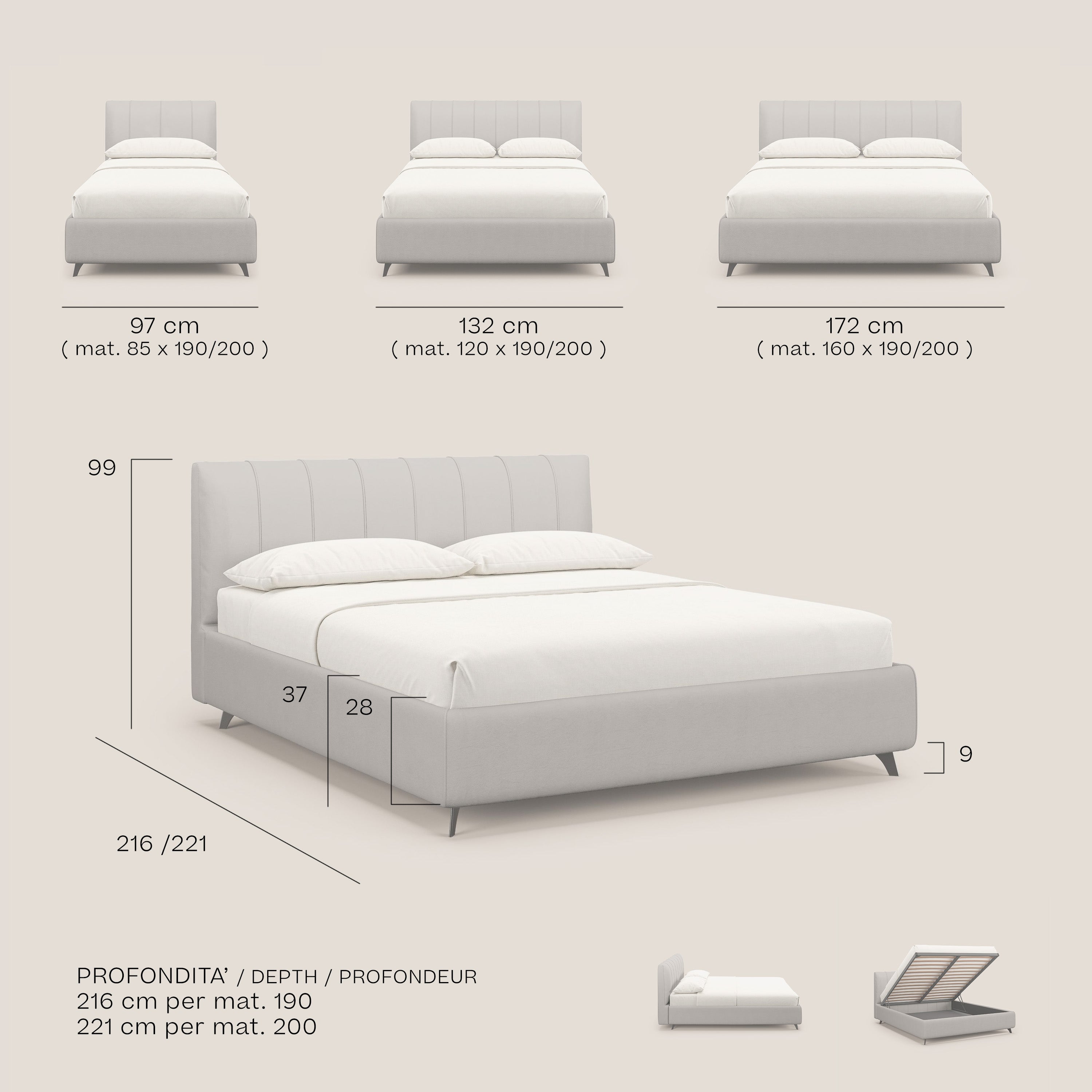 Bogart letto imbottito contenitore completamente sfoderabile in microfibra smacchiabile T11 tortora - divani.store
