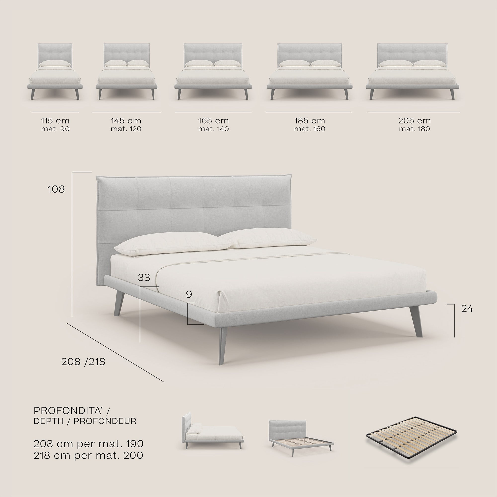 Brigitte letto con testata trapuntata piedi alti in mogano e tessuto impermeabile T09 beige - divani.store