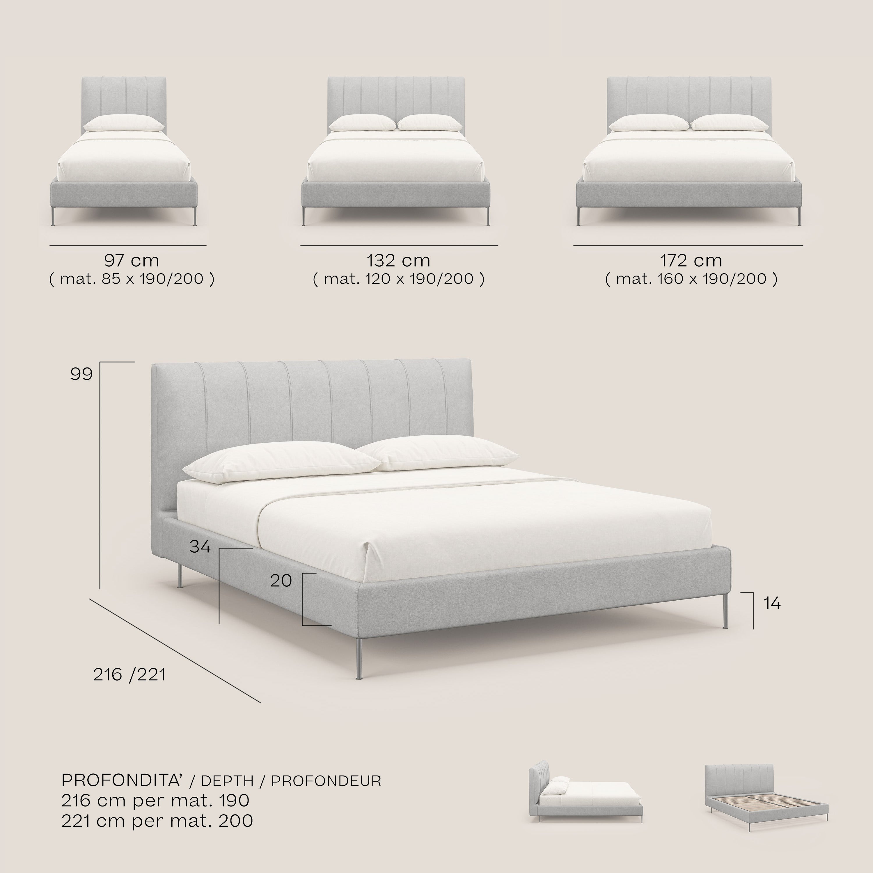 Calliope letto imbottito piedini alti completamente sfoderabile in tessuto smacchiabile T17 antracite - divani.store