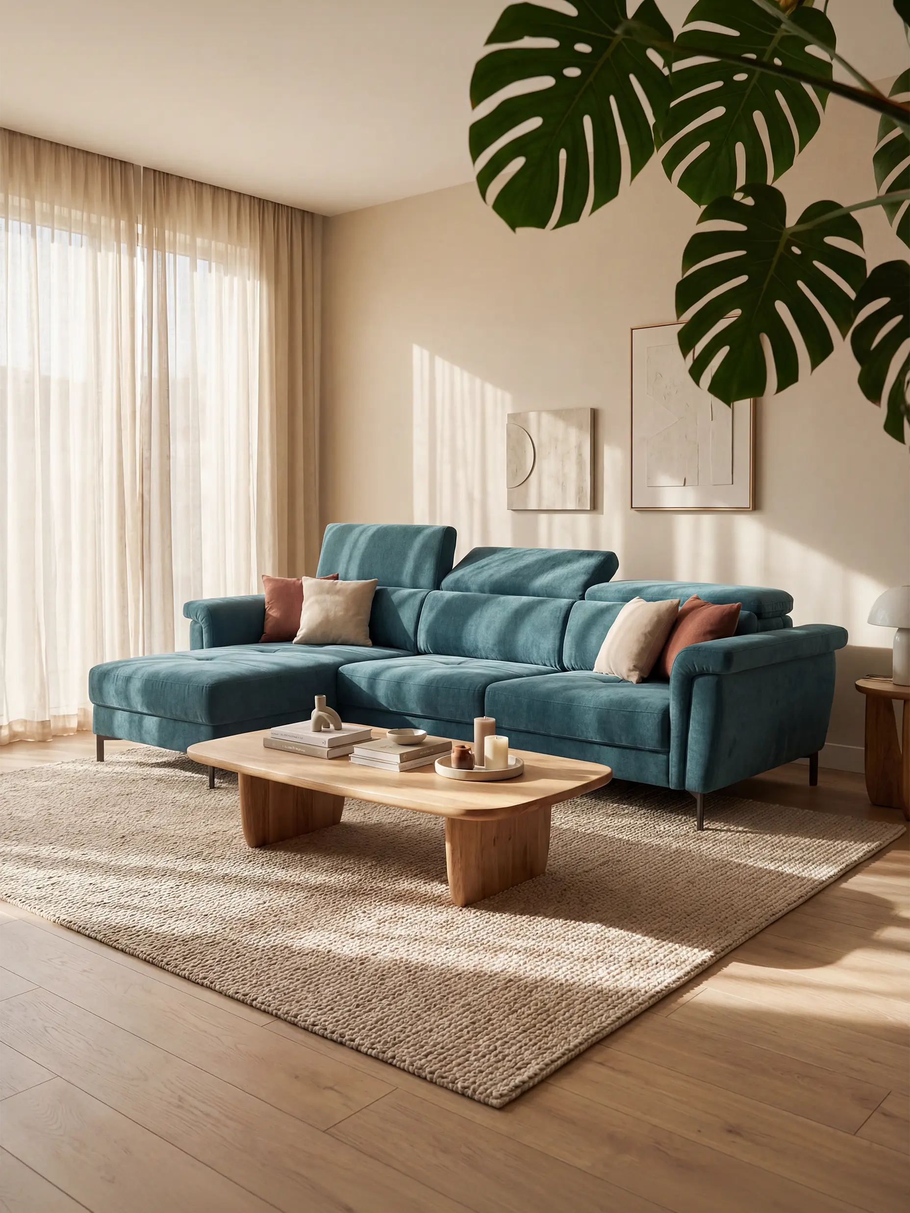 Capri Divano letto angolare con penisola contenitore e poggiatesta reclinabili - elegante tessuto smacchiabile T30
