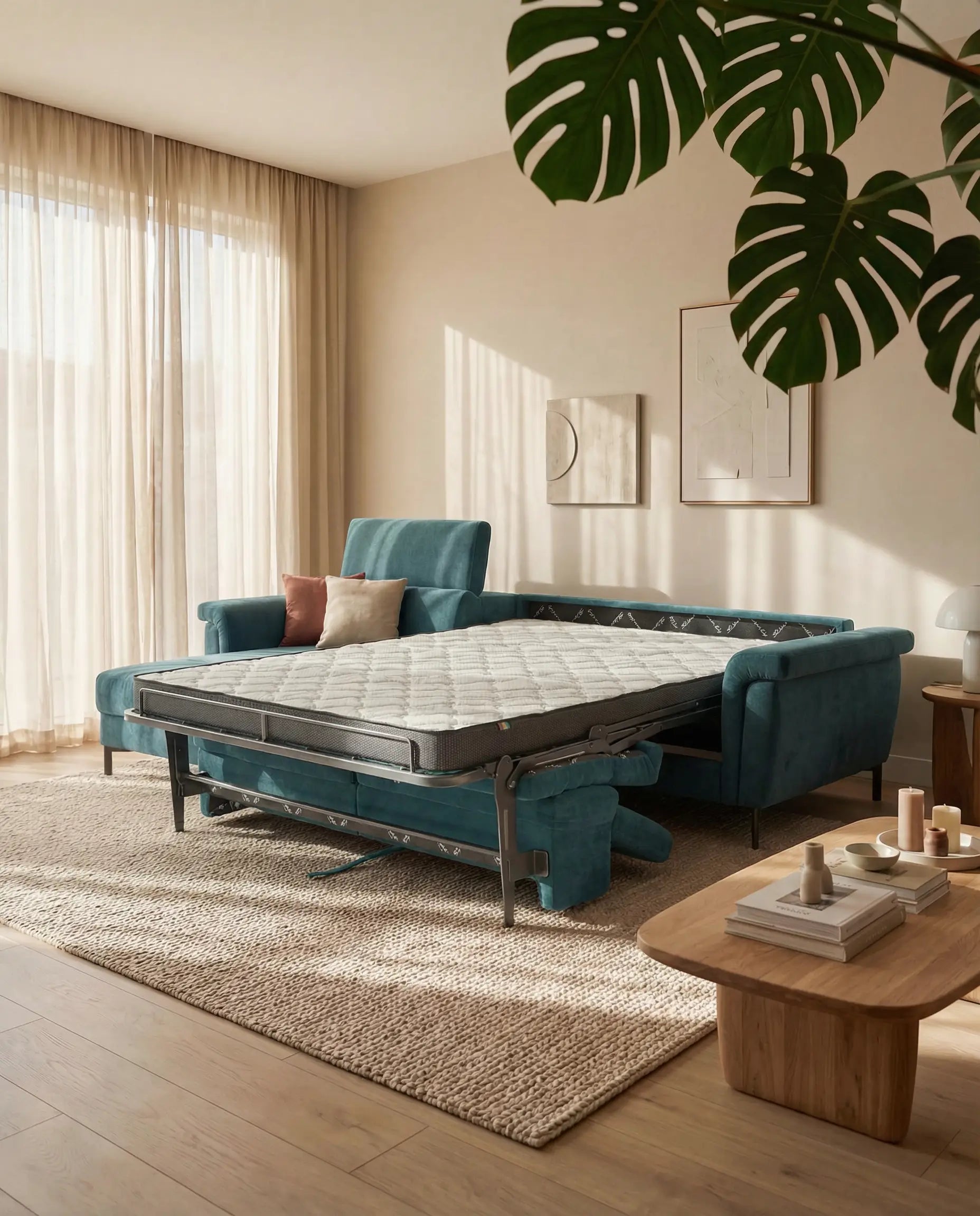 Il divano letto angolare Capri con penisola contenitore e poggiatesta reclinabili - elegante tessuto smacchiabile T30 di Divani.Il negozio si apre su un soggiorno luminoso e moderno con pavimenti in legno chiaro, un tappeto intrecciato, tende beige trasparenti, un tavolino in legno adornato con candele e una grande pianta verde; alle pareti sono appese opere d’arte incorniciate.