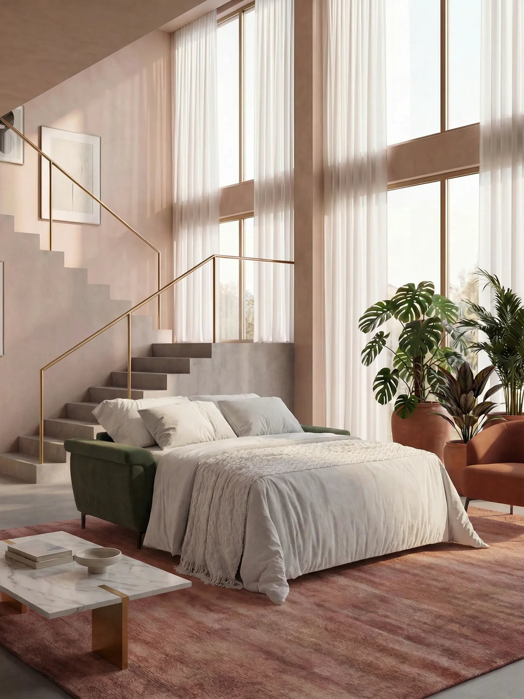 Capri divano letto di design con piedini alti - poggiatesta reclinabili in raffinato tessuto effetto velluto smacchiabile T30