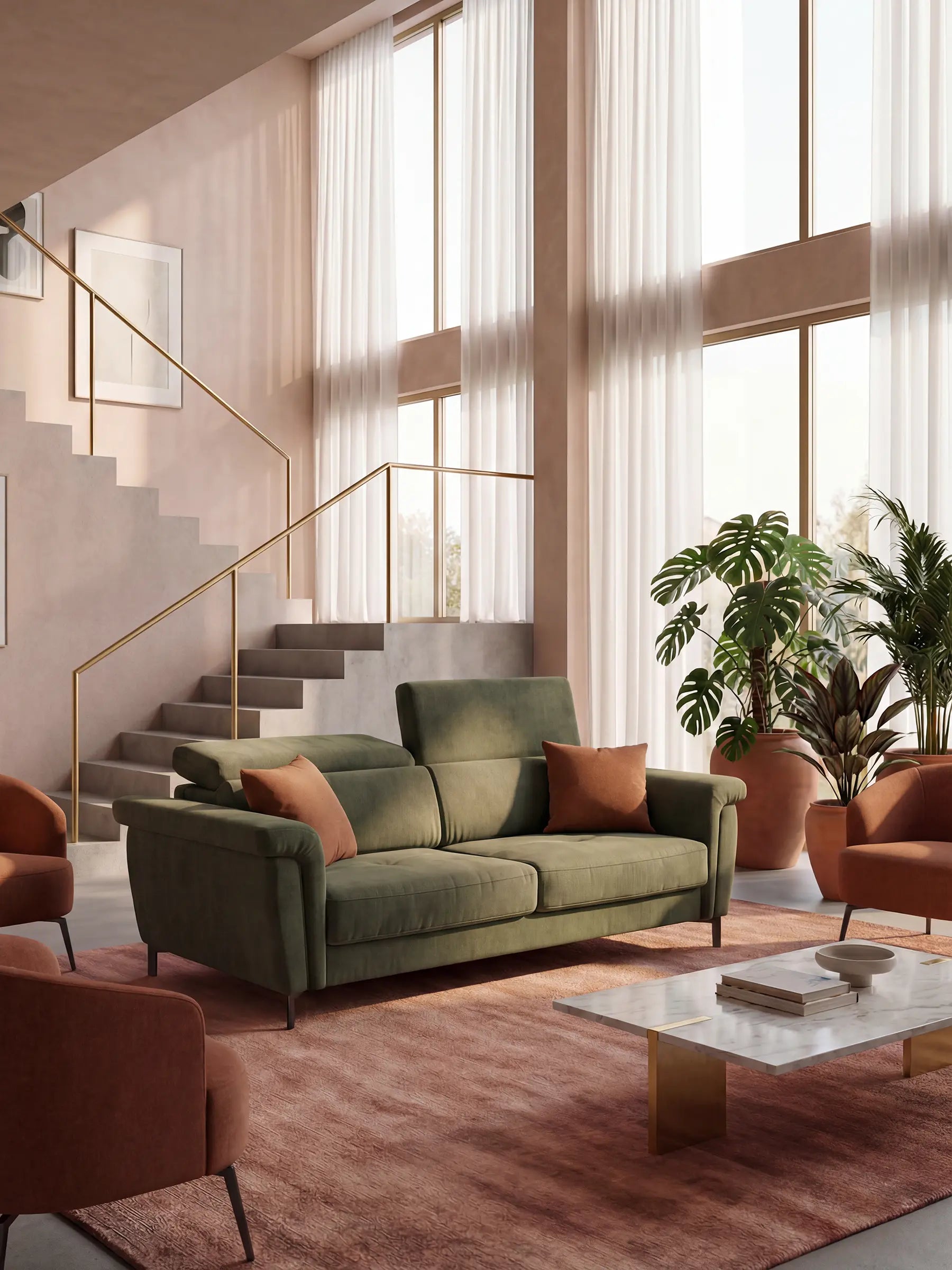 Capri divano letto di design con piedini alti - poggiatesta reclinabili in raffinato tessuto effetto velluto smacchiabile T30