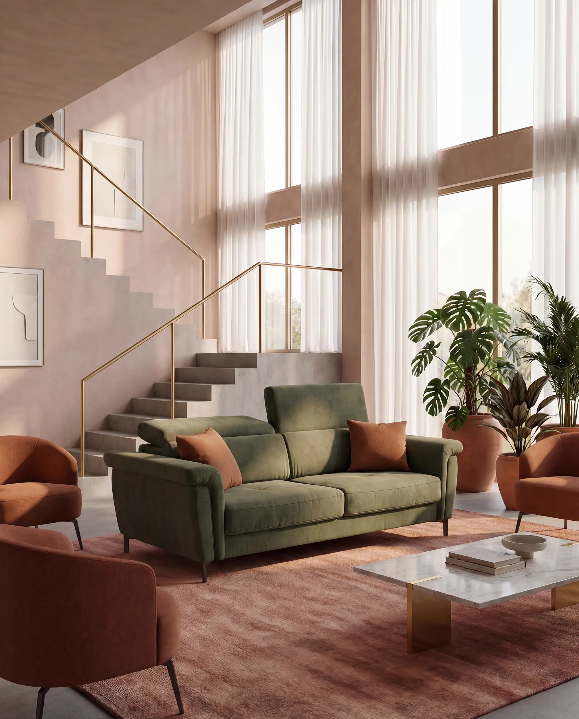 Capri divano letto di design con piedini alti - poggiatesta reclinabili in raffinato tessuto effetto velluto smacchiabile T30