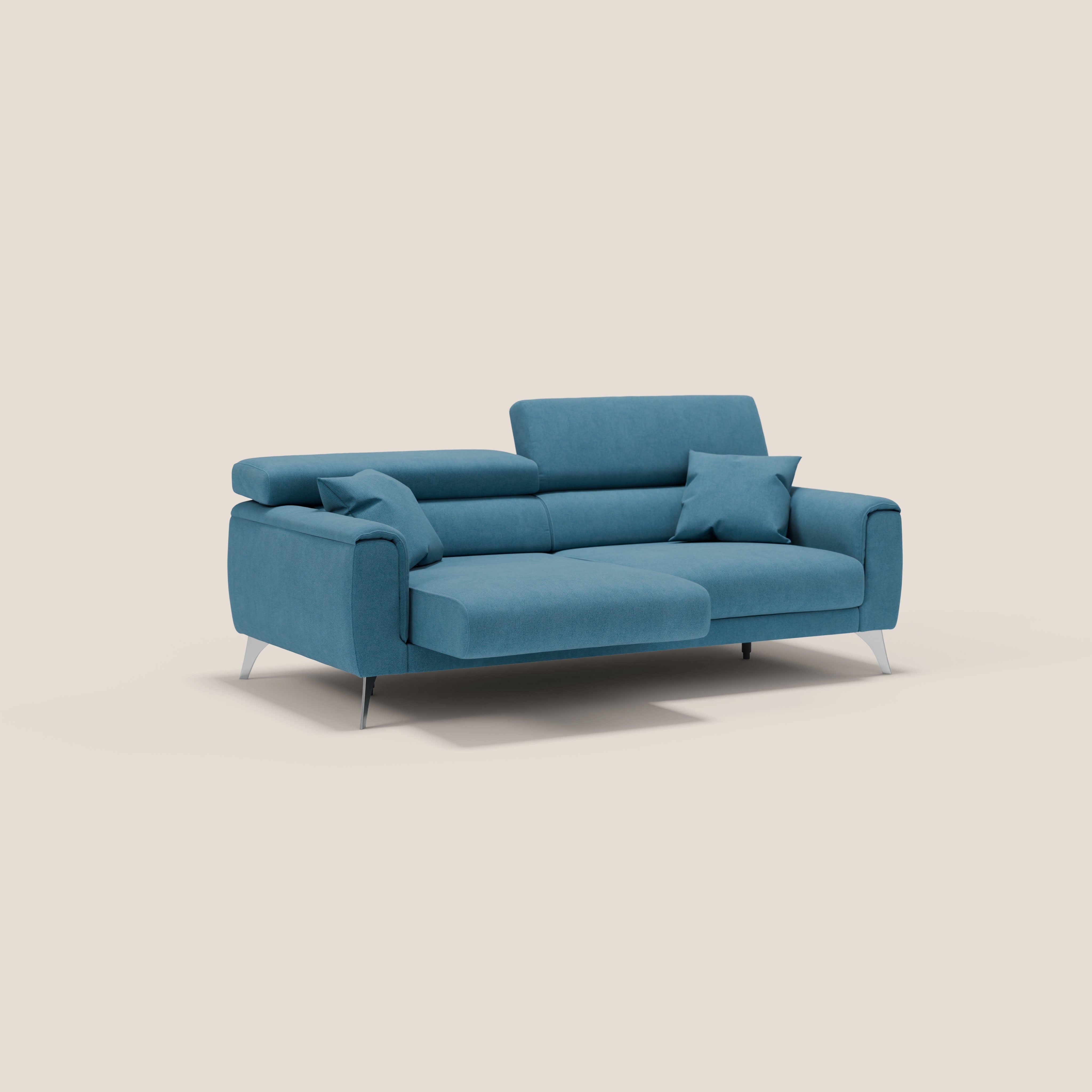 Caravaggio divano con sedute allungabili e poggiatesta reclinabili in tessuto impermeabile T02 azzurro - divani.store