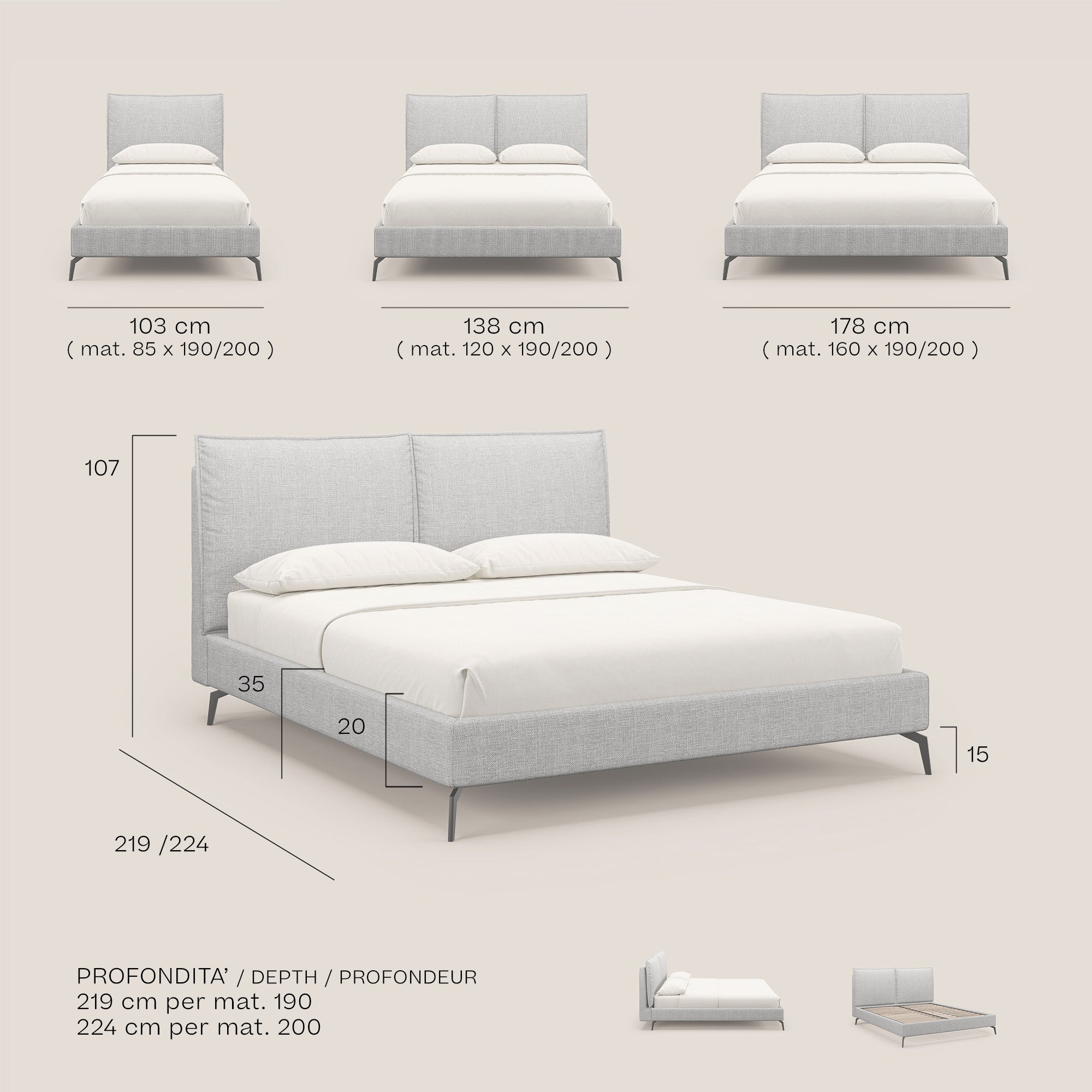Cloe letto imbottito con piedi in metallo sfoderabile in tessuto fiammato impermeabile T06 marrone - divani.store
