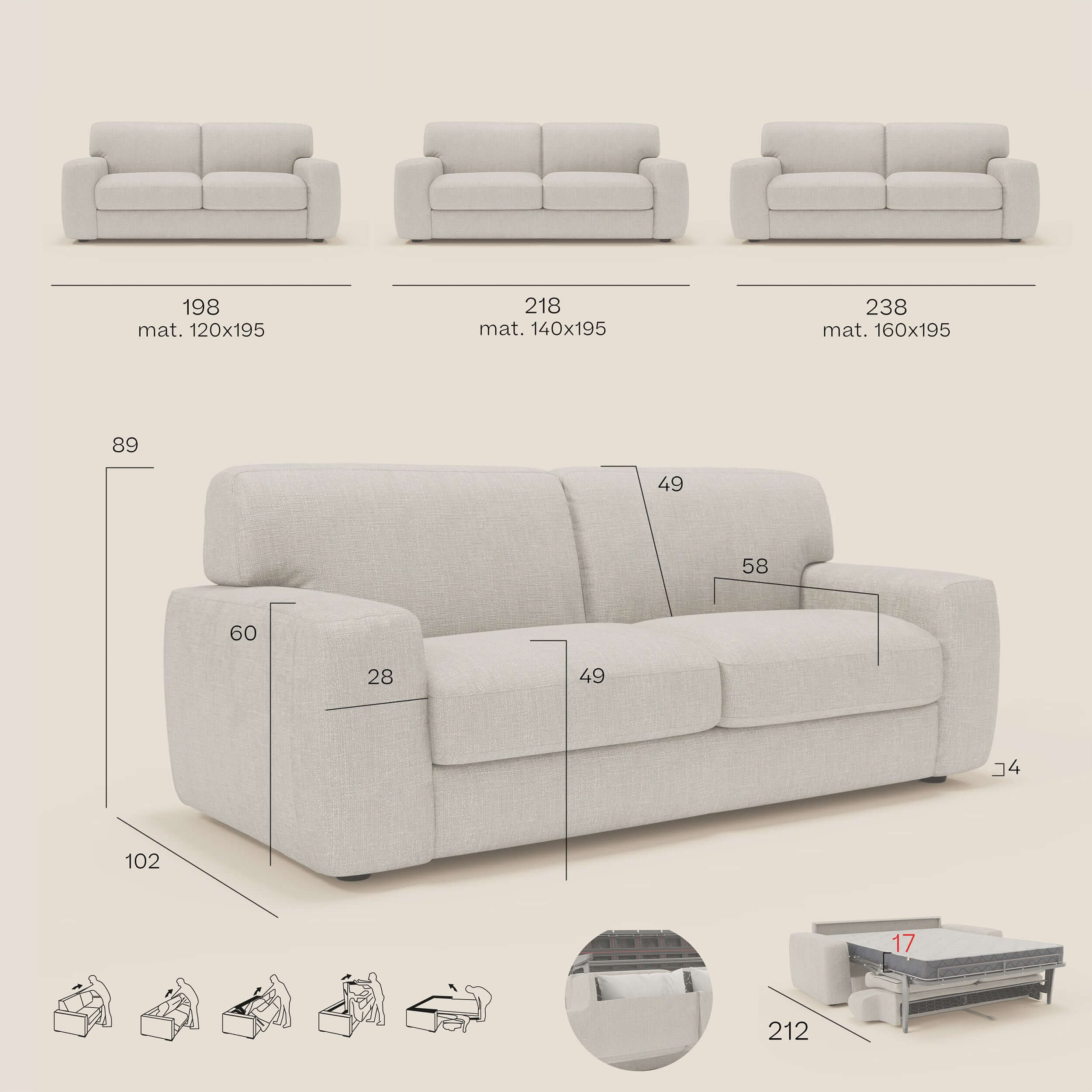 Cloud Divano letto materasso H17 cm dai morbidi cuscini in tessuto impermeabile T06 antracite